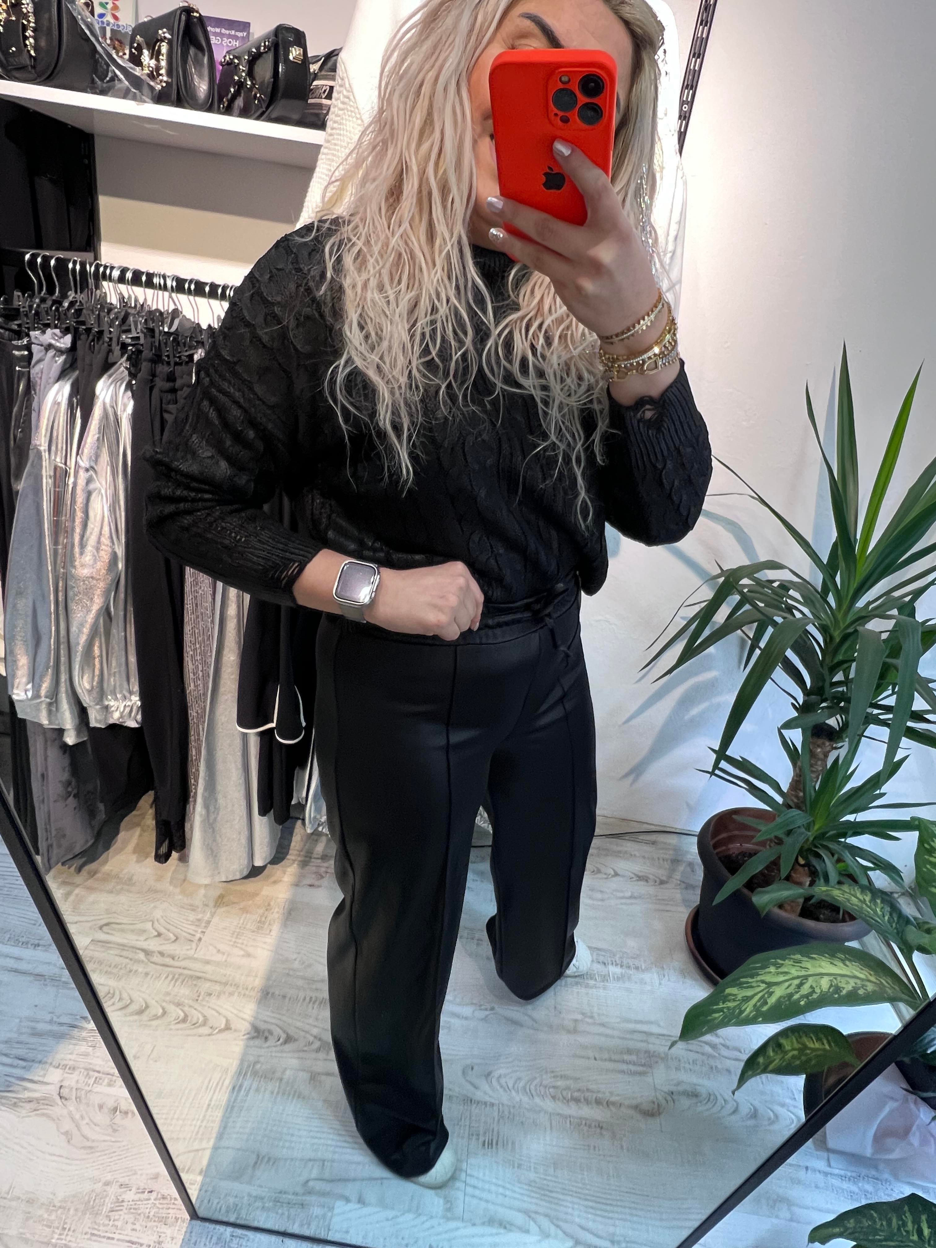 Siyah Örme Deri Pantolon