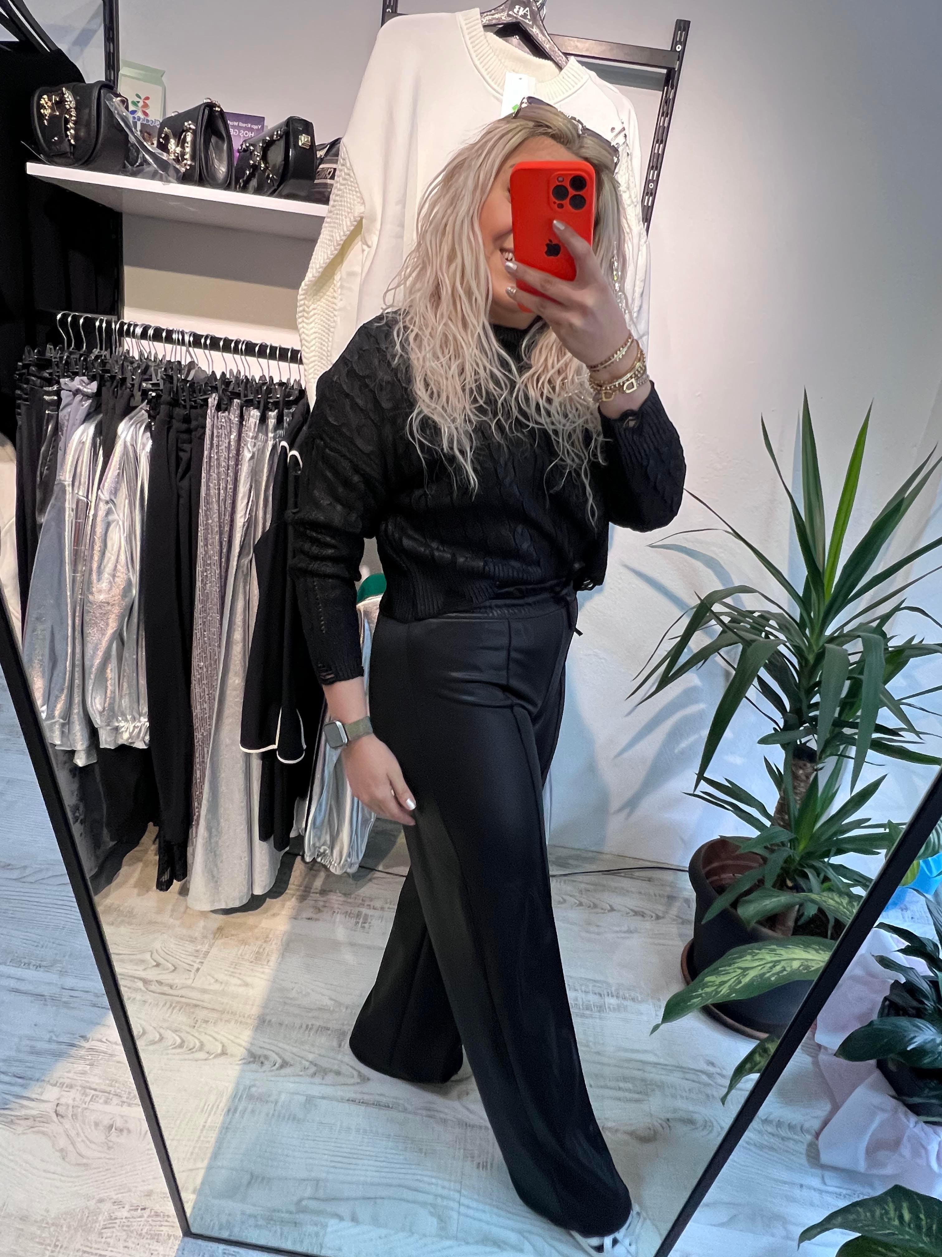 Siyah Örme Deri Pantolon