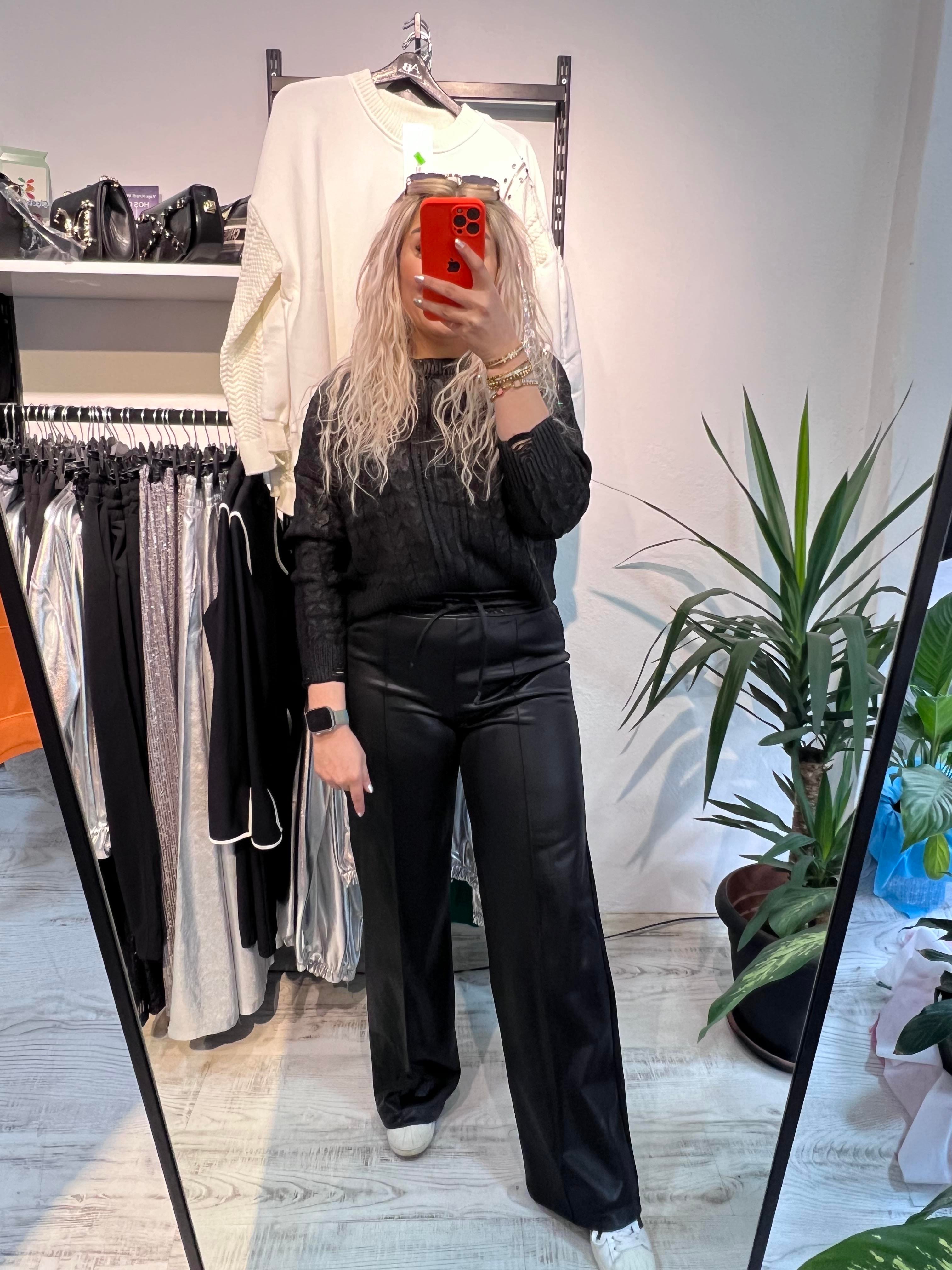 Siyah Örme Deri Pantolon