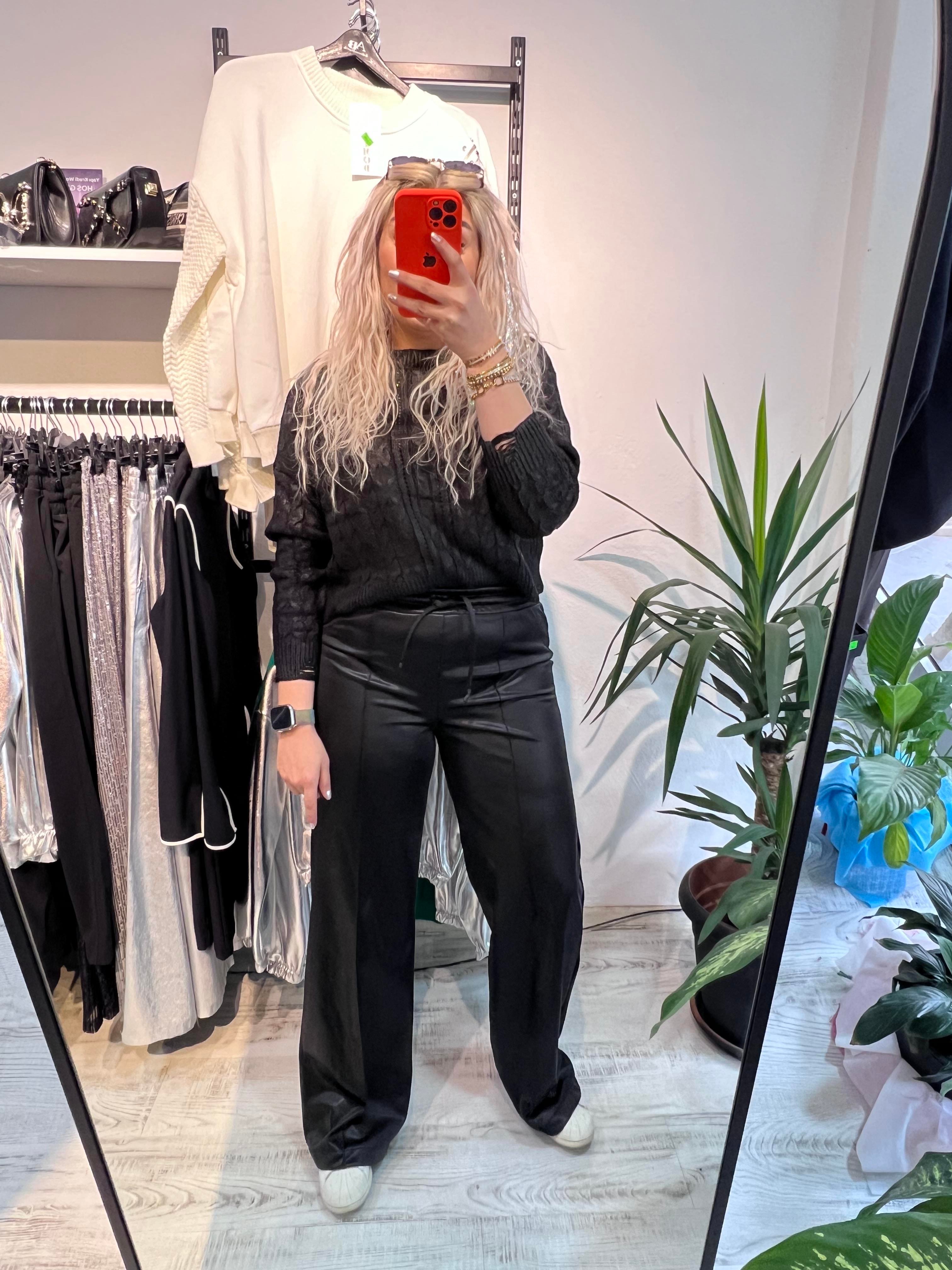 Siyah Örme Deri Pantolon