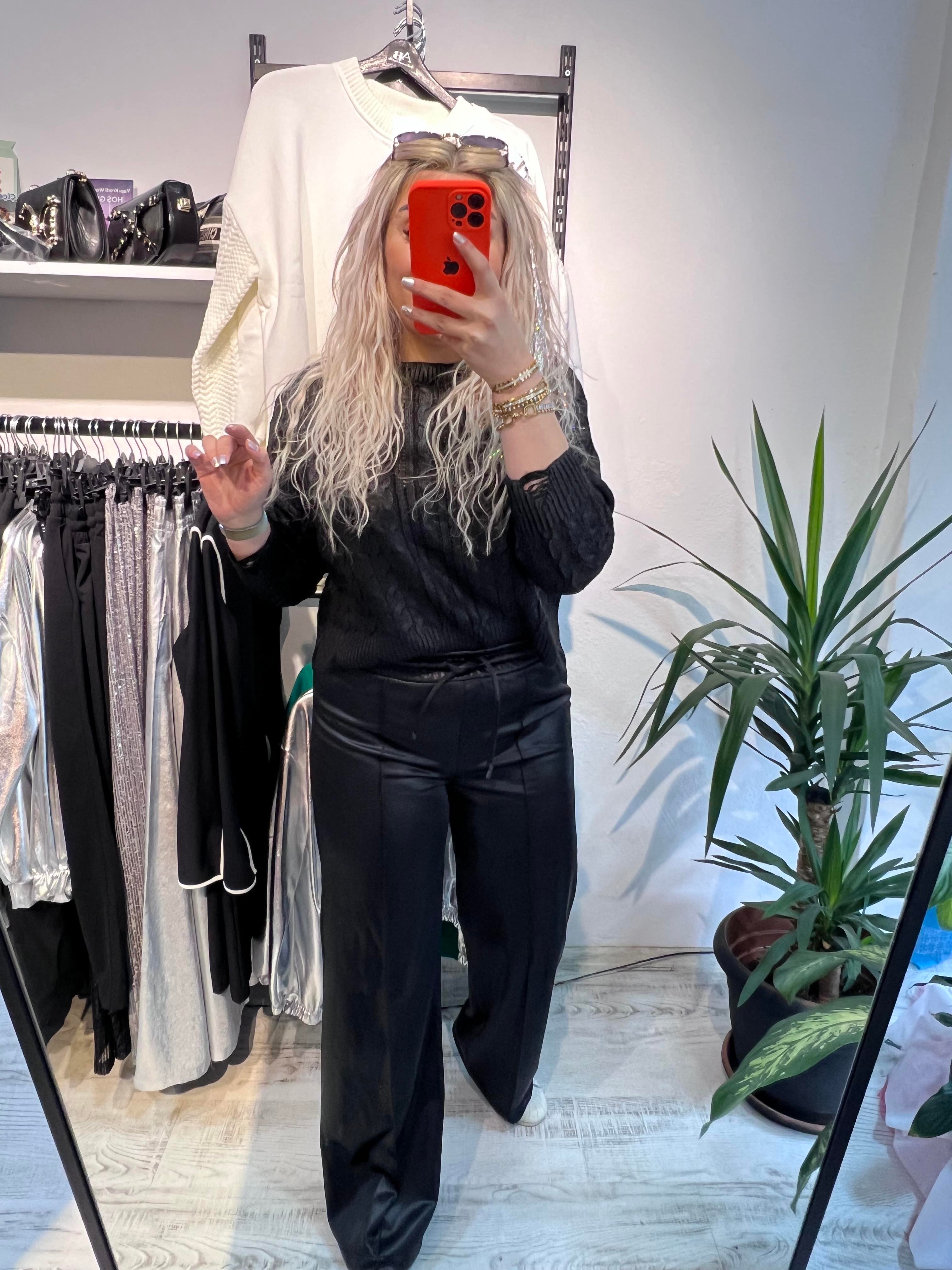 Siyah Örme Deri Pantolon