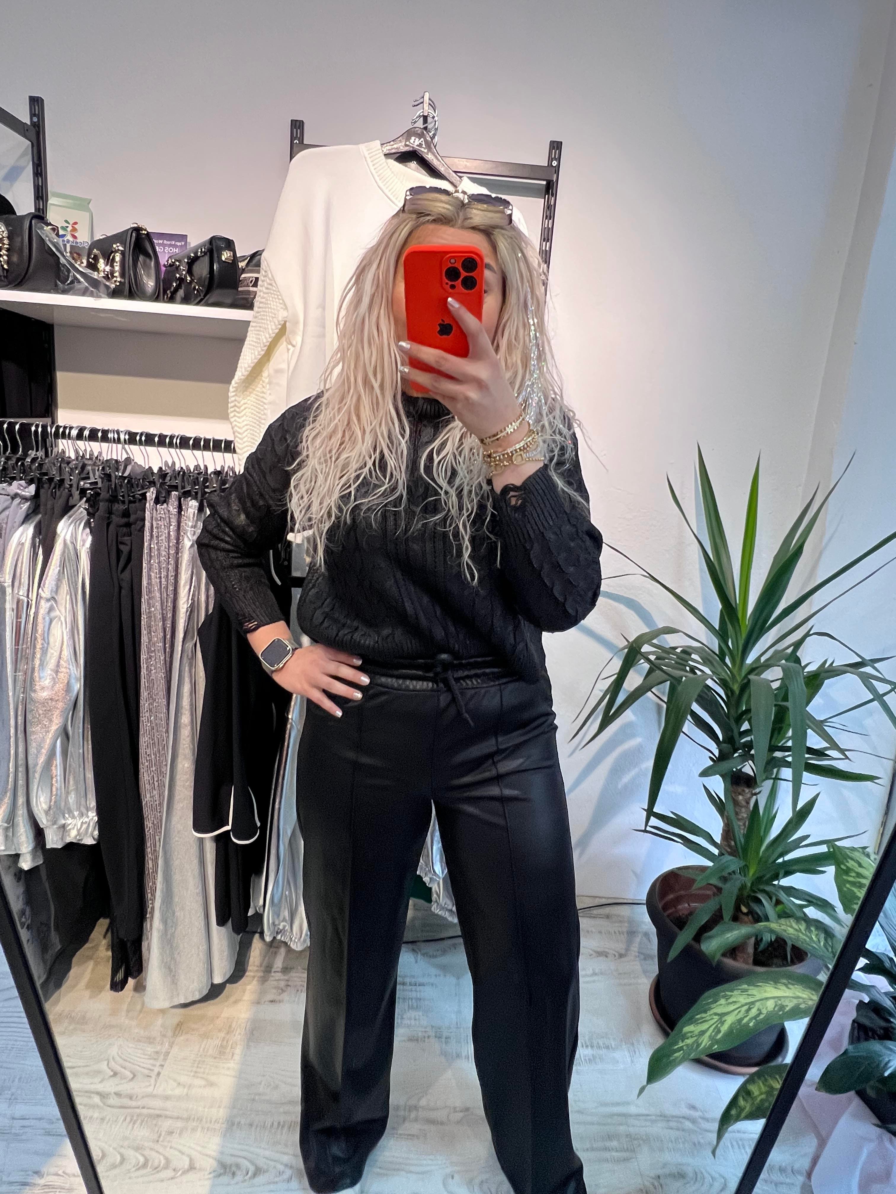 Siyah Örme Deri Pantolon