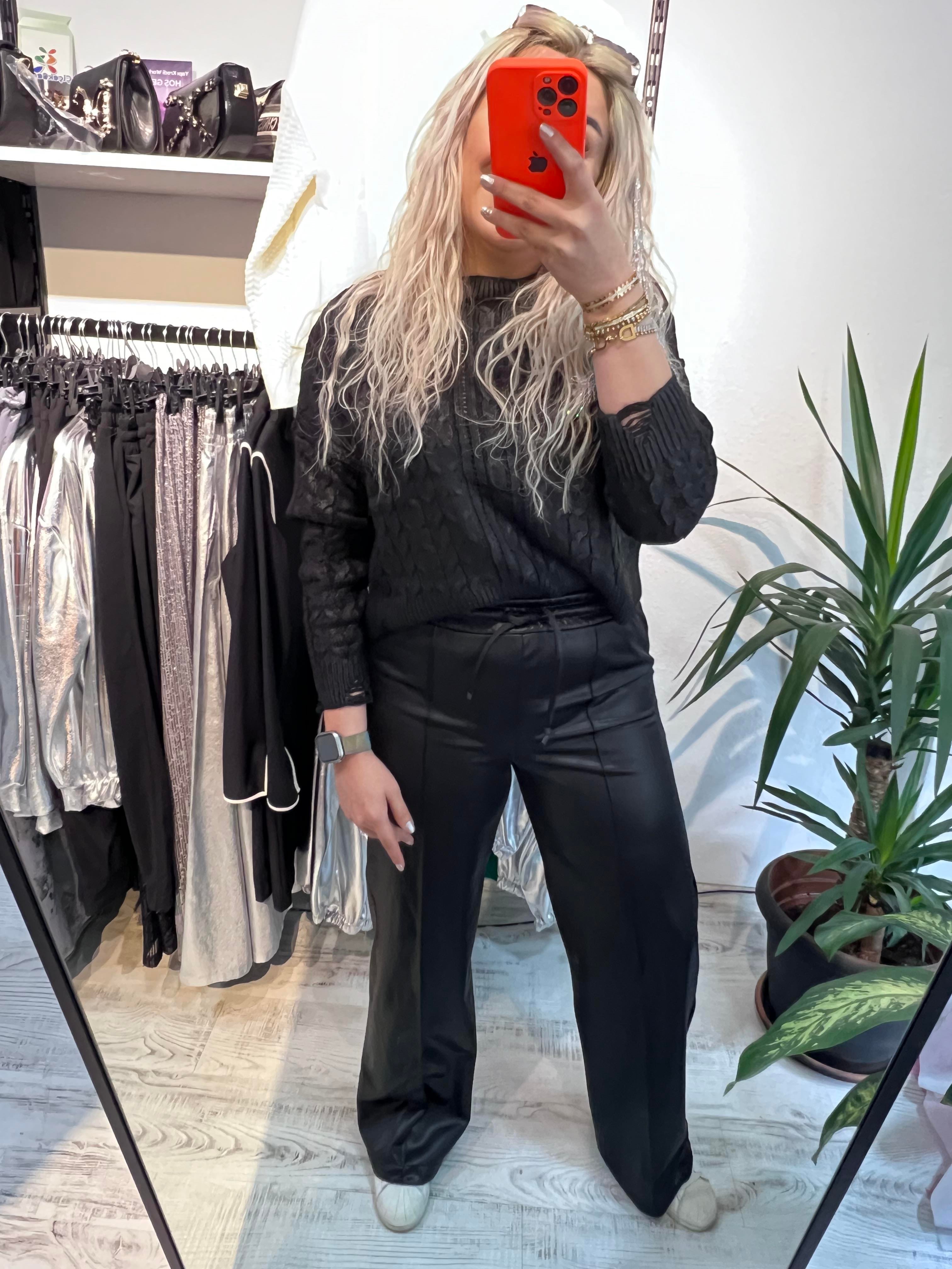 Siyah Örme Deri Pantolon