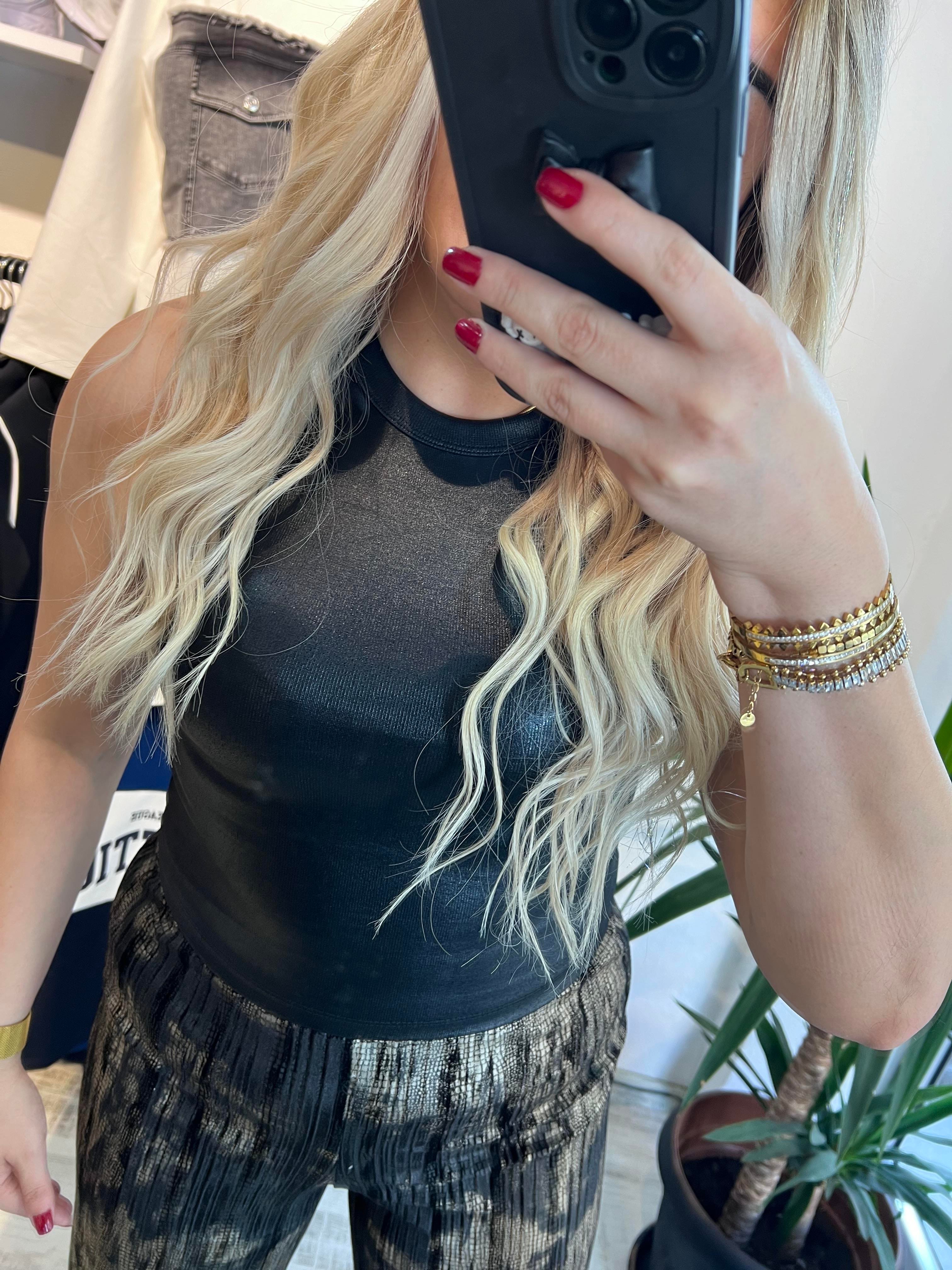 Siyah Varaklı Halter Yaka Bluz