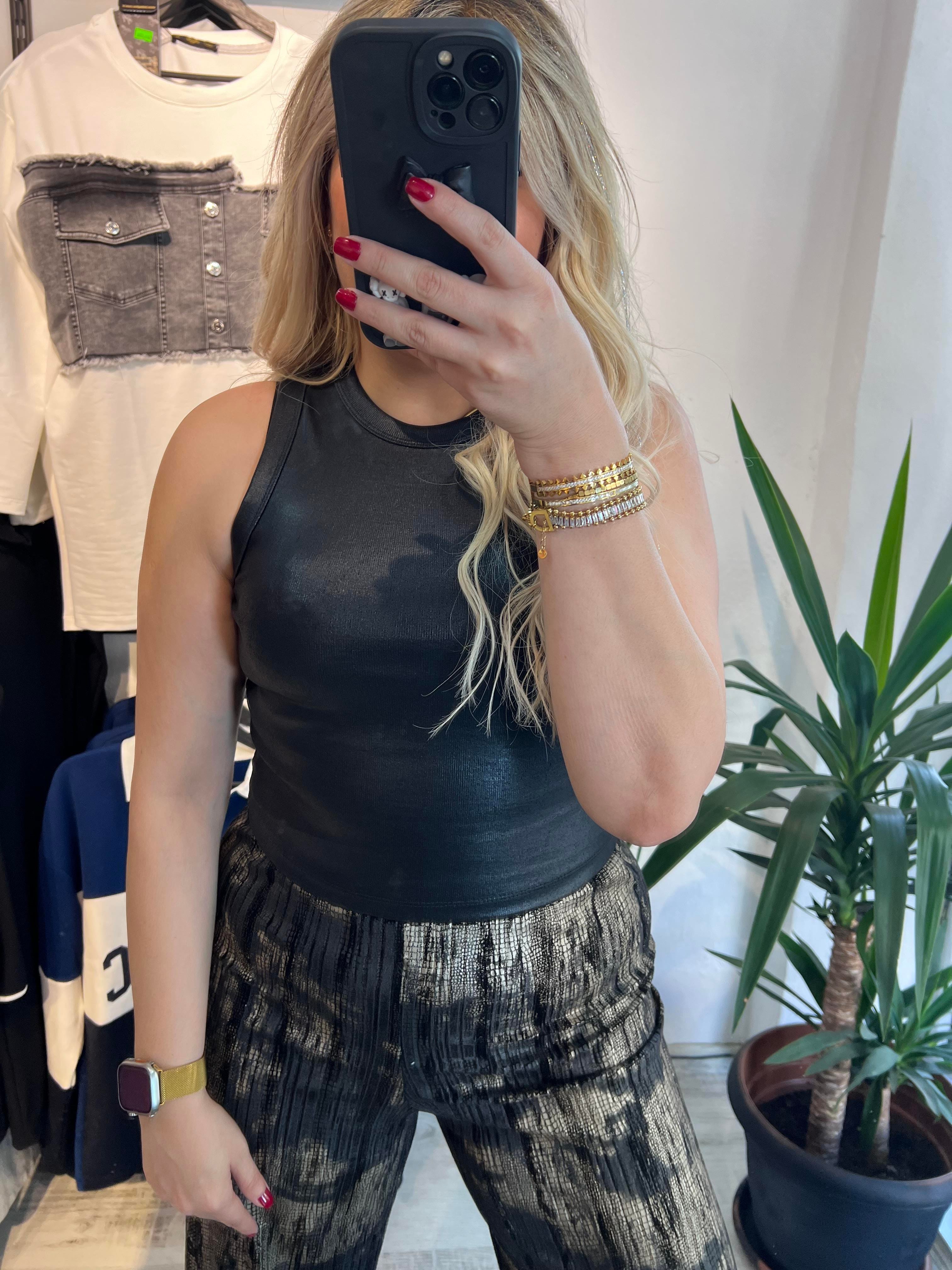 Siyah Varaklı Halter Yaka Bluz