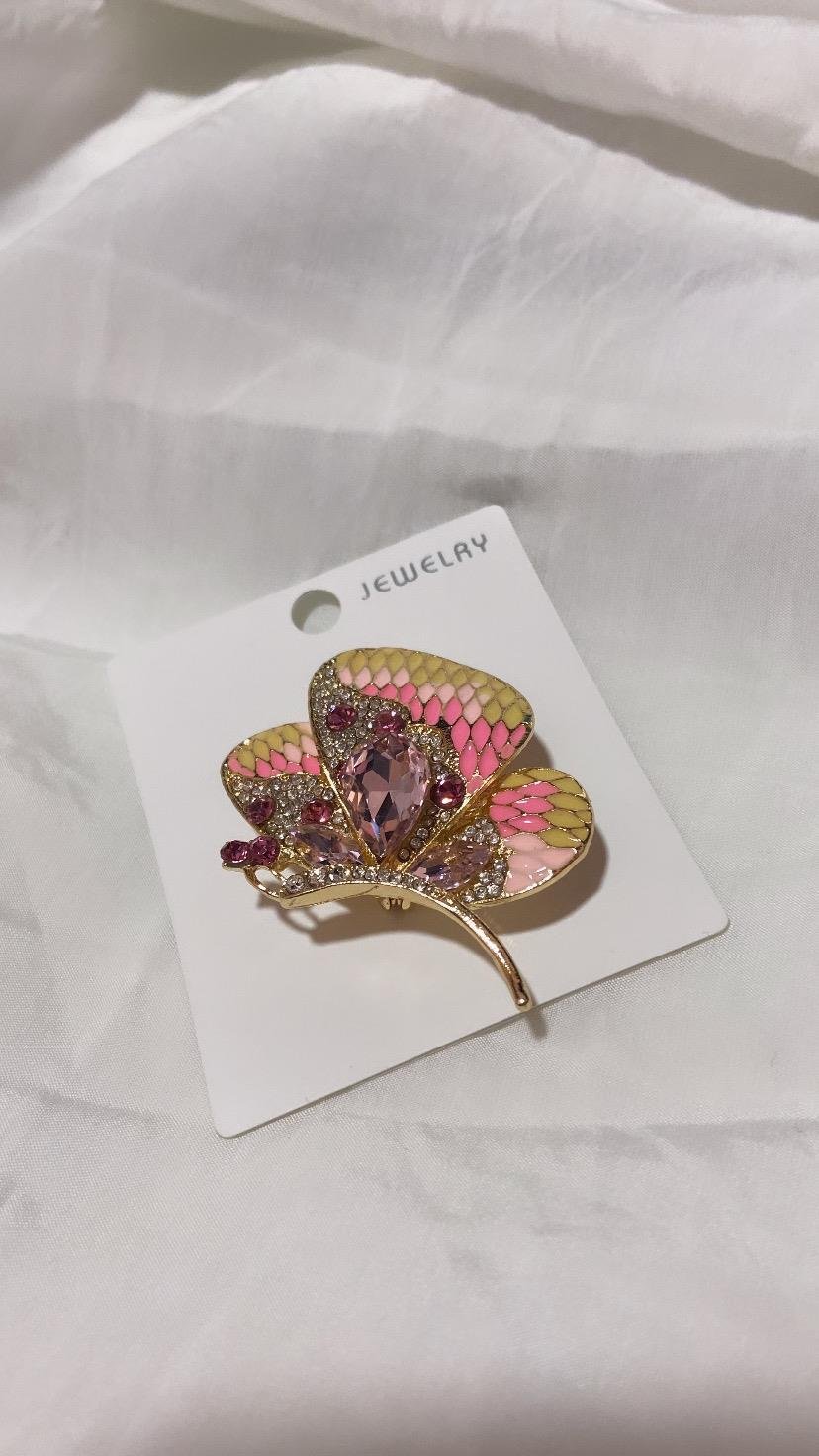 Tak Kanat Kelebek Pembe Taşlı Çelik Broş