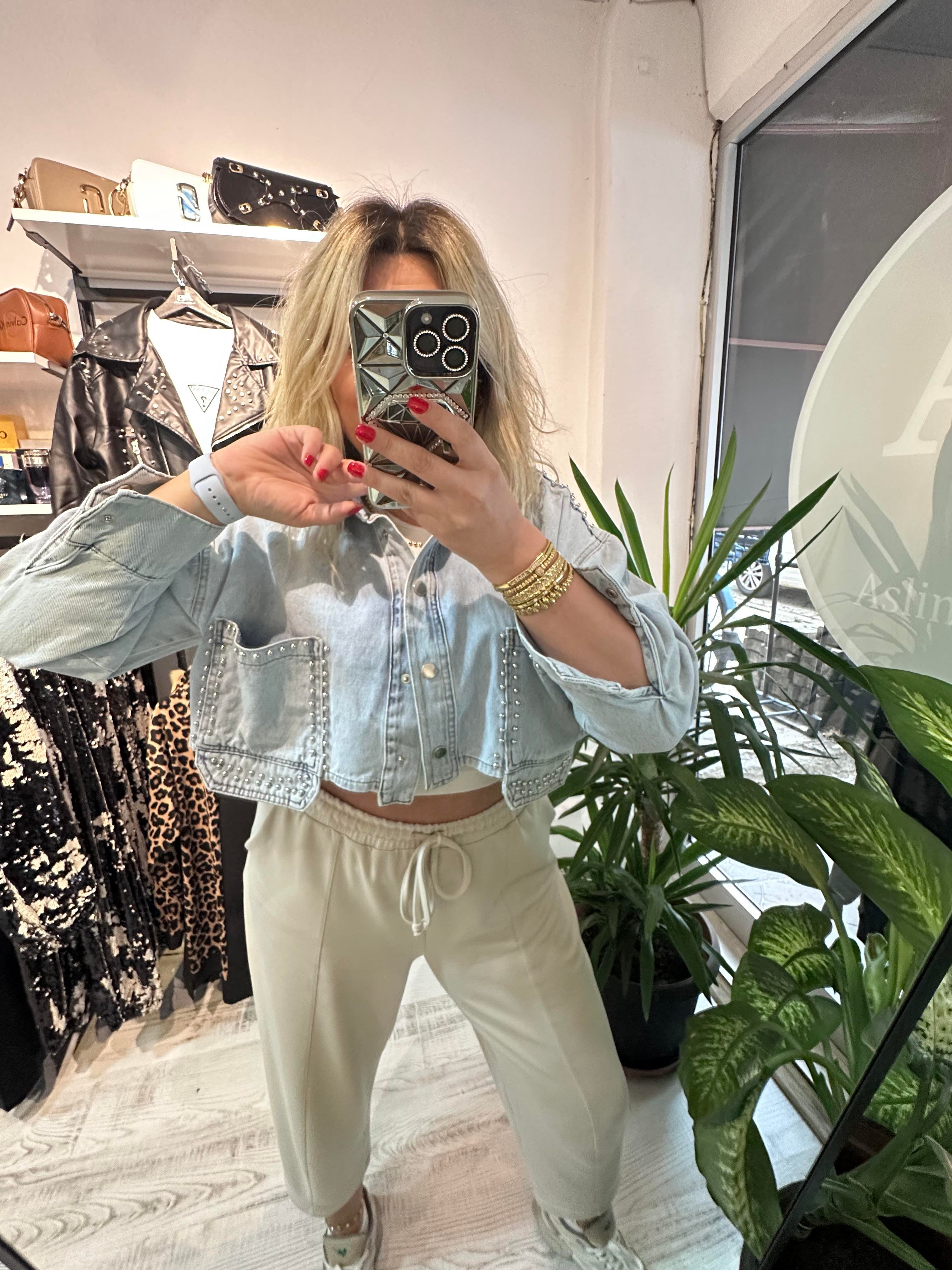 Taş Detaylı Jean Ceket