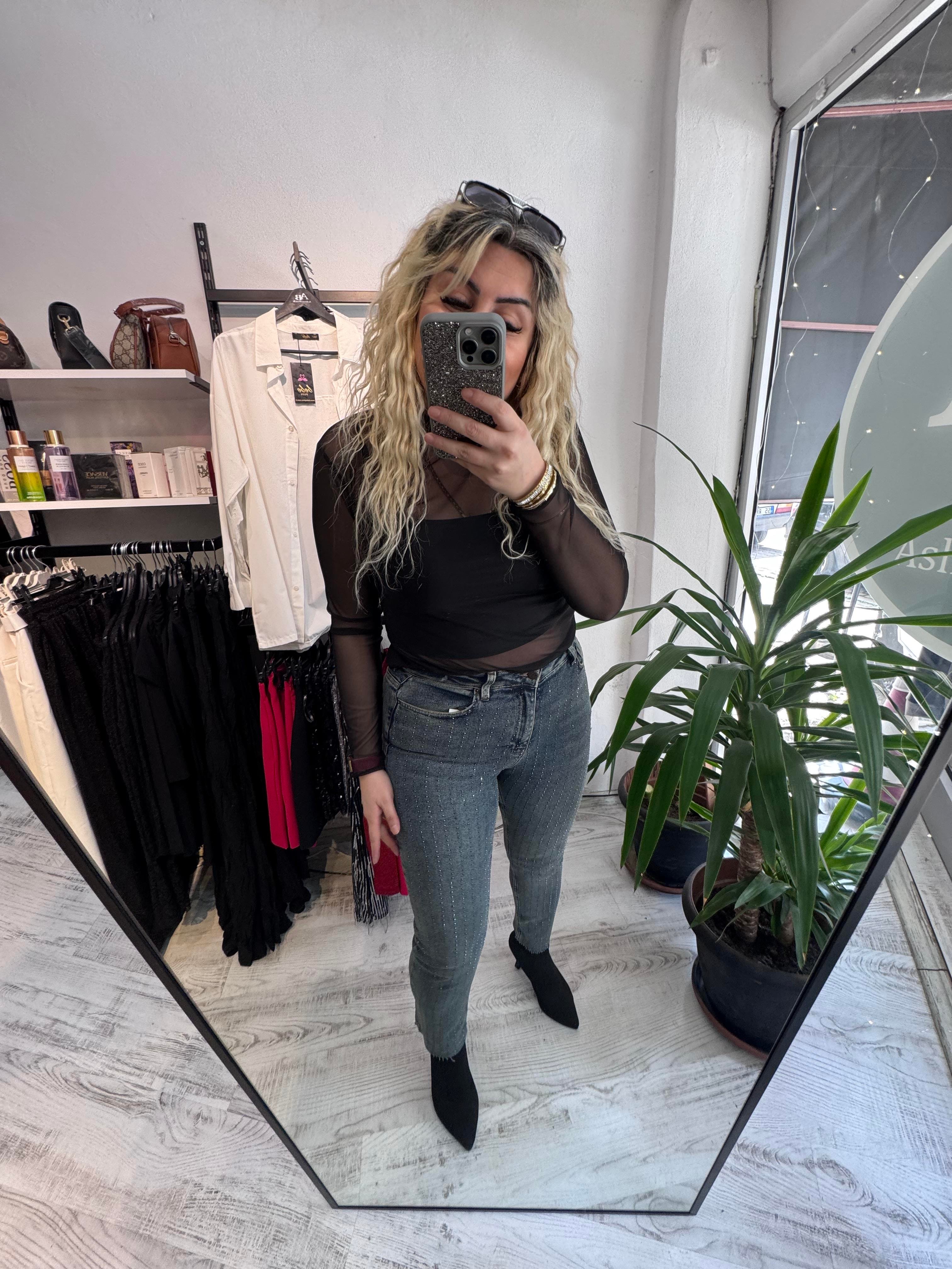 Taşlı Koyu Mom Jean