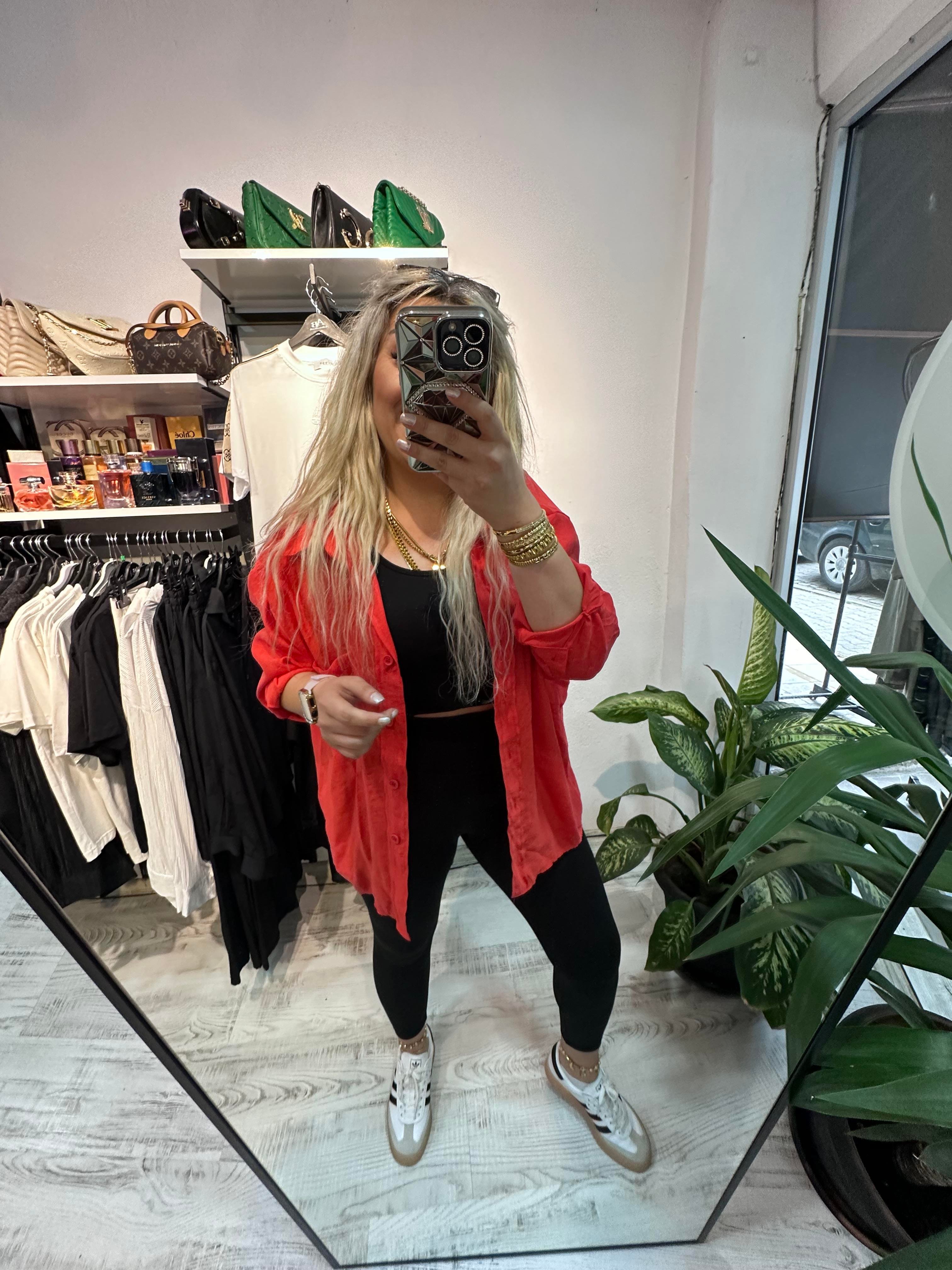 Tensel Kumaş Nar Çiçeği Gömlek