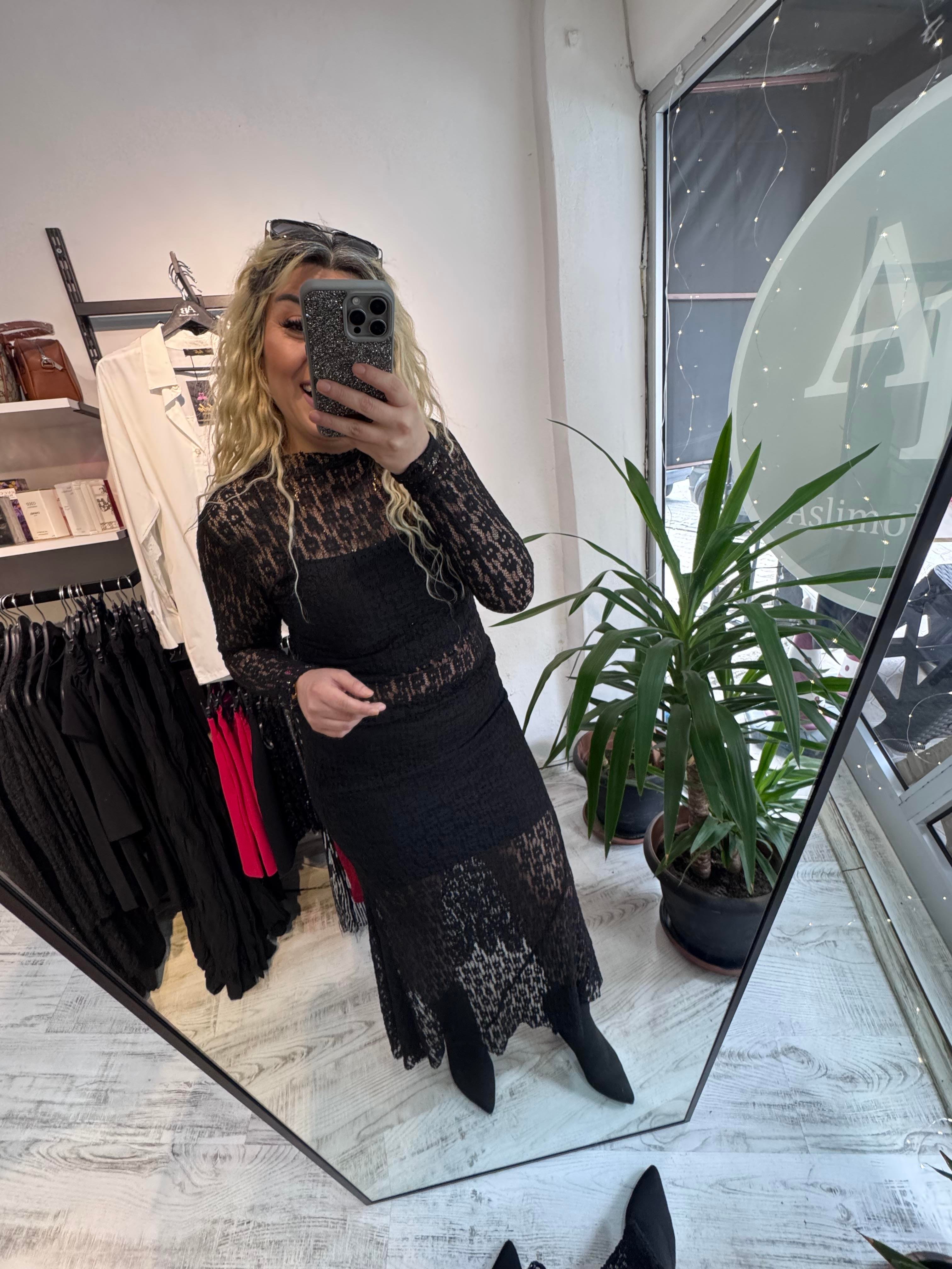 Transparan Astarlı Dantel Etek