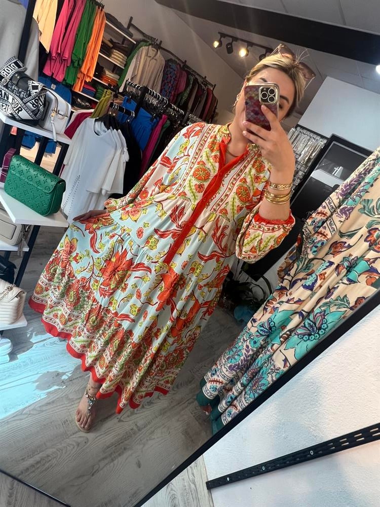 turuncu desenli oversize elbise