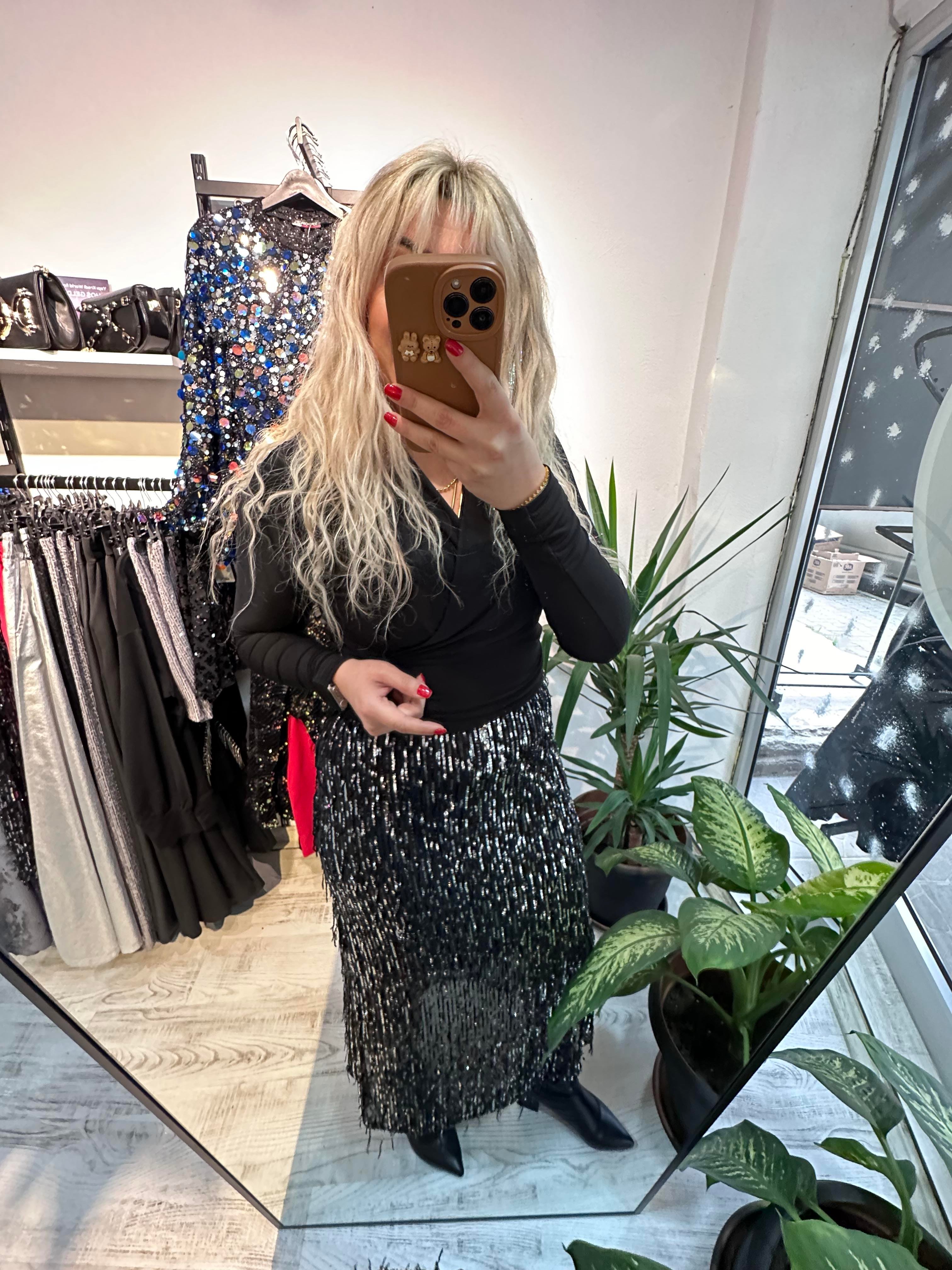 Tüy Pullu Siyah Payet Etek