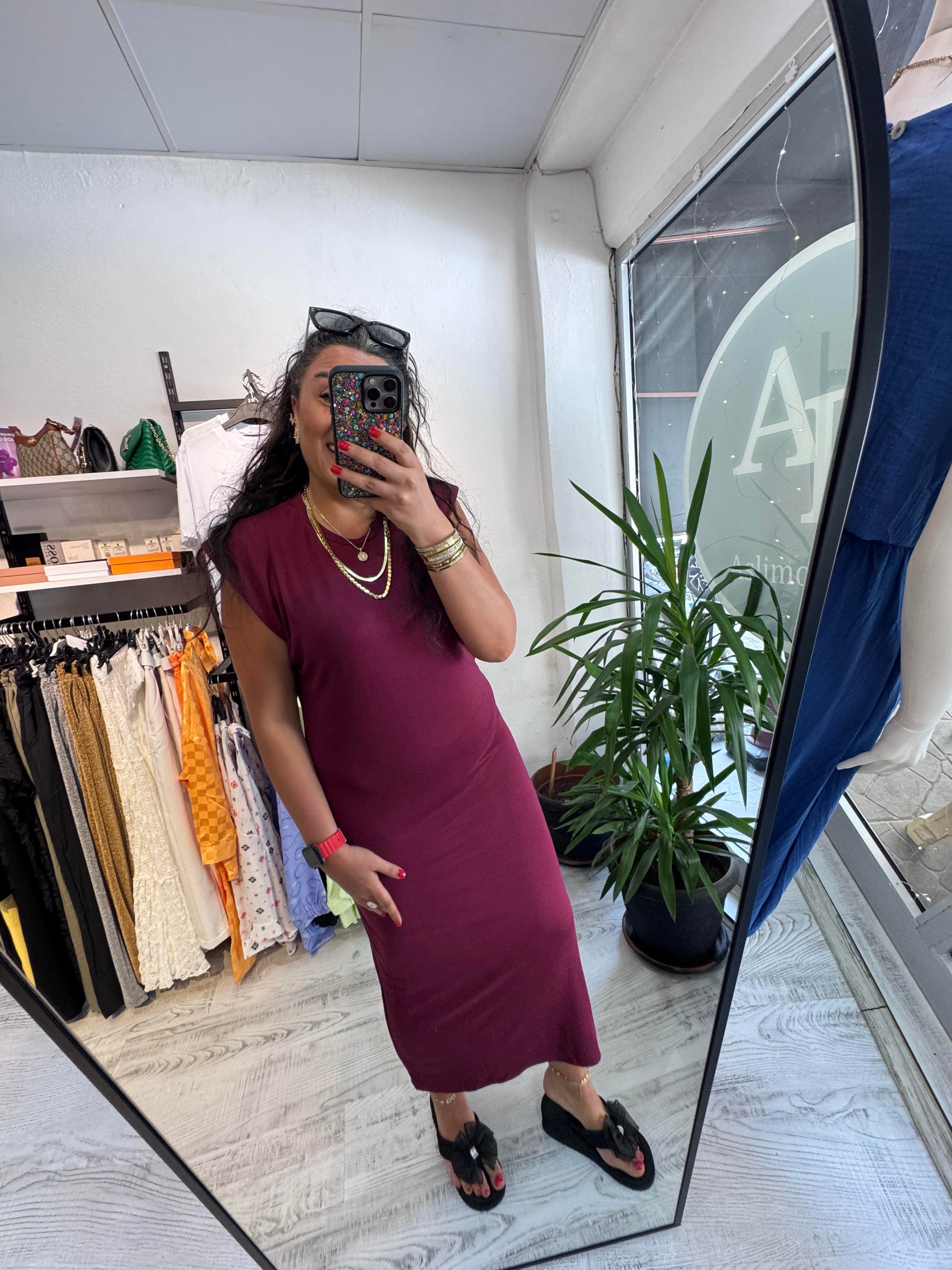 Vatkalı İthal Modal Kumaş Bordo Elbise