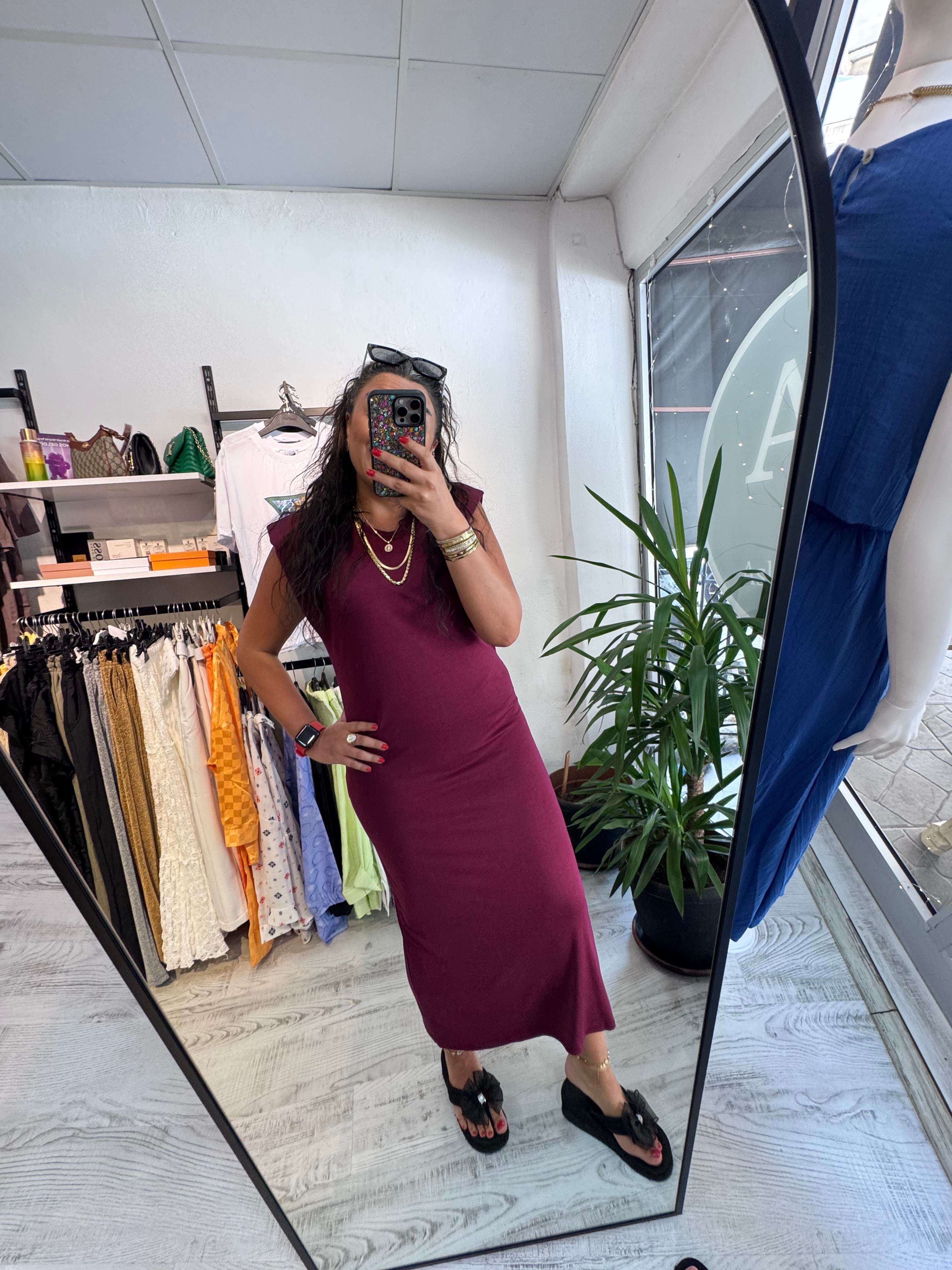 Vatkalı İthal Modal Kumaş Bordo Elbise