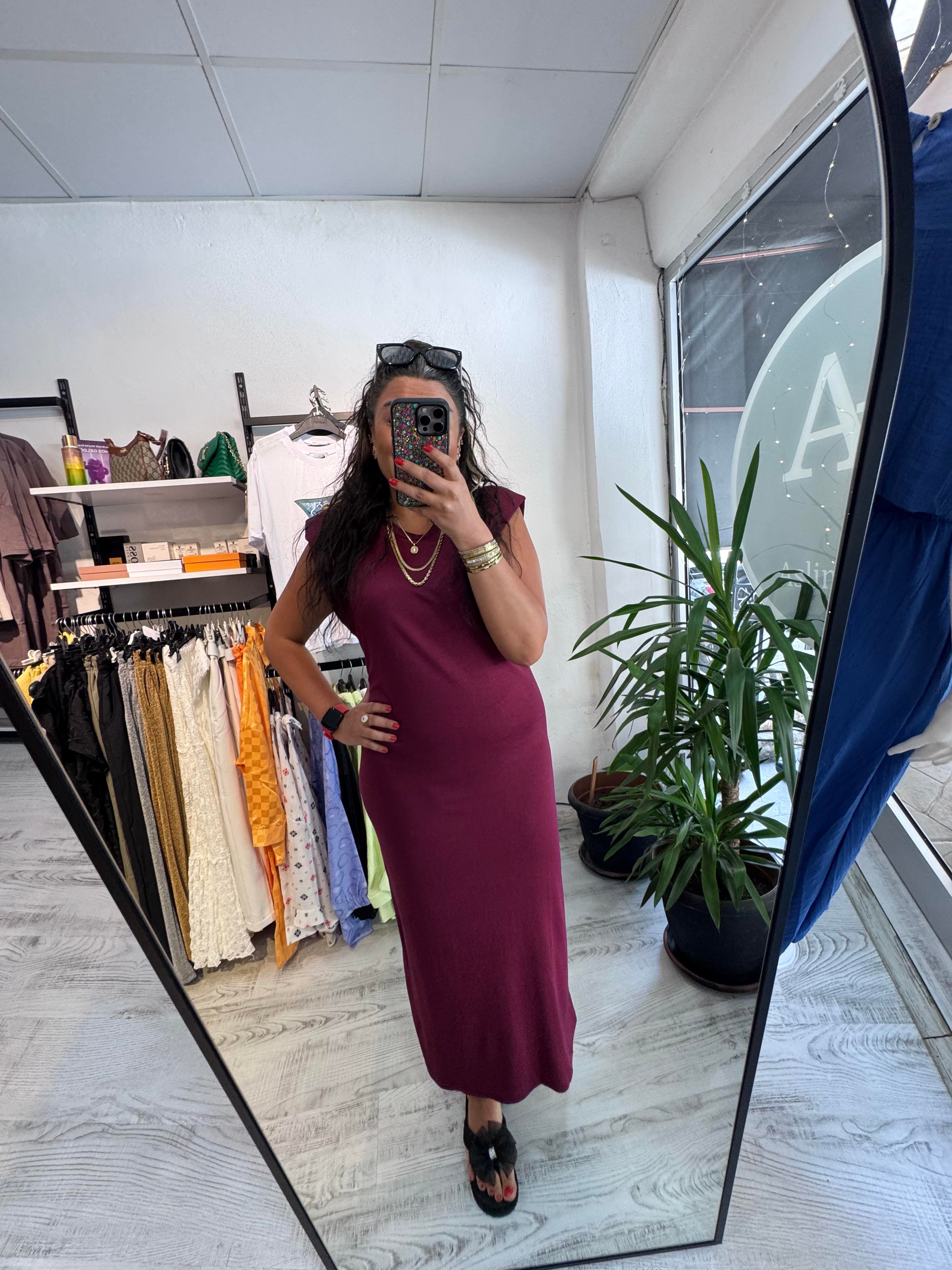 Vatkalı İthal Modal Kumaş Bordo Elbise