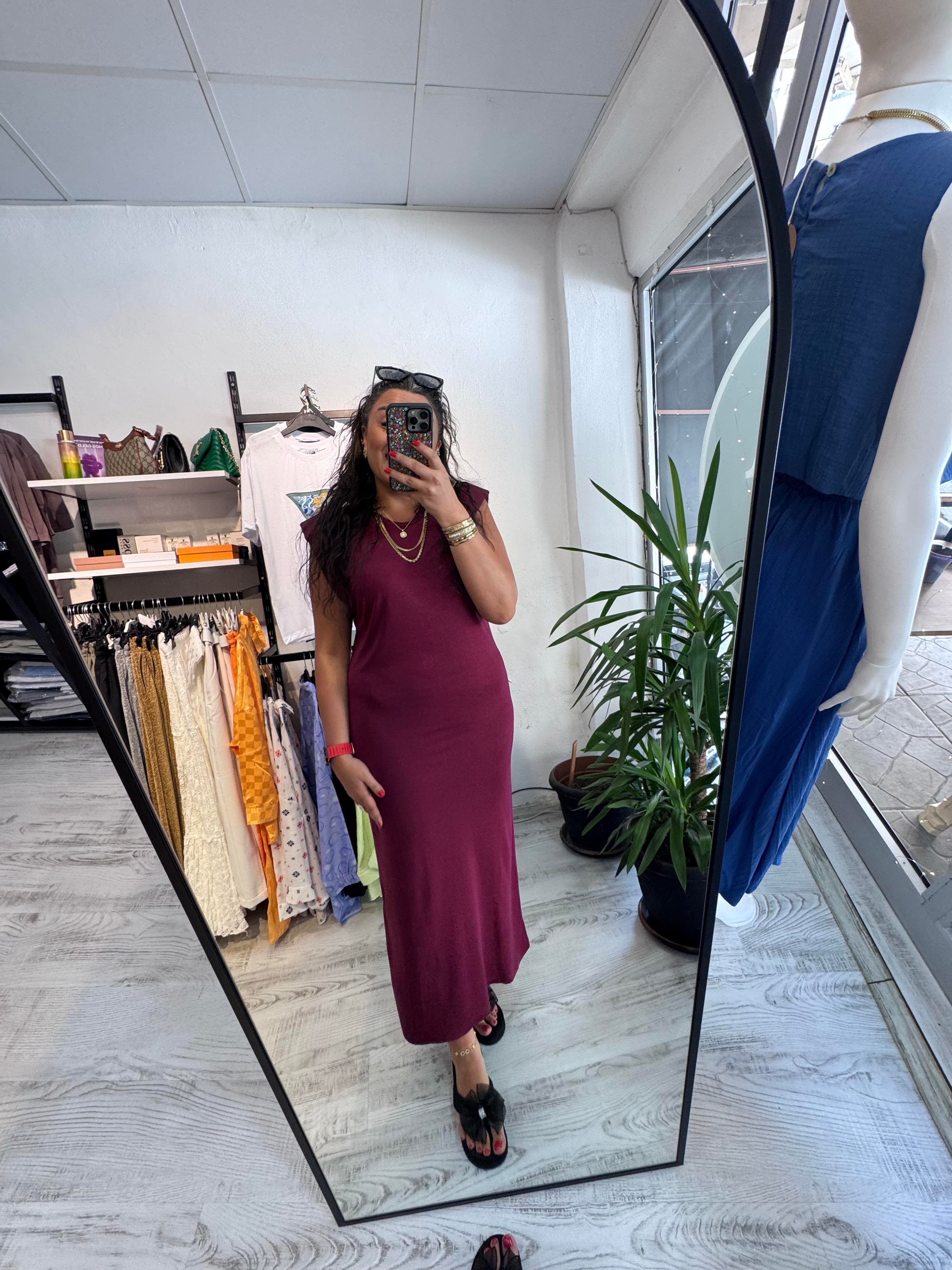 Vatkalı İthal Modal Kumaş Bordo Elbise