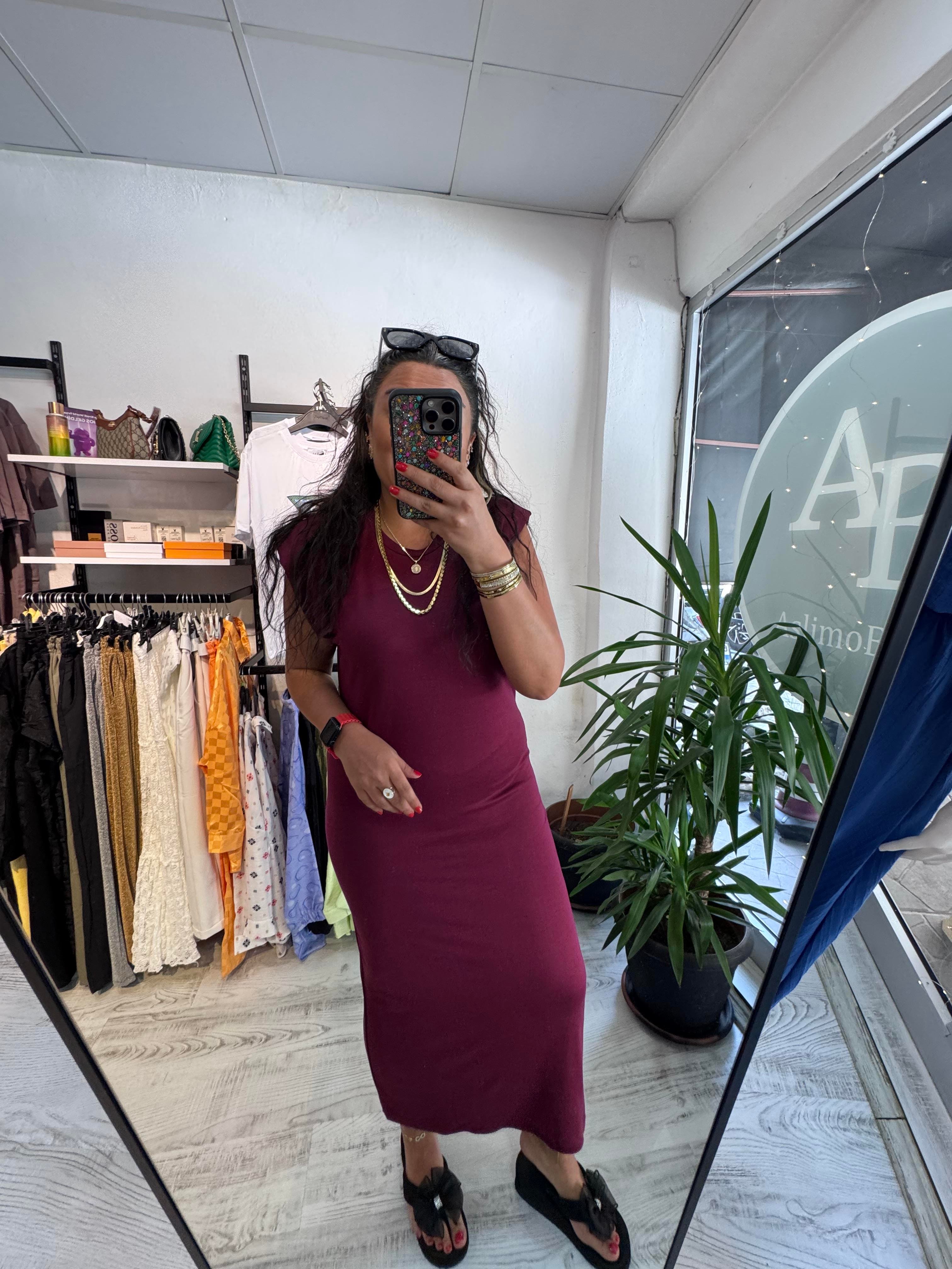 Vatkalı İthal Modal Kumaş Bordo Elbise