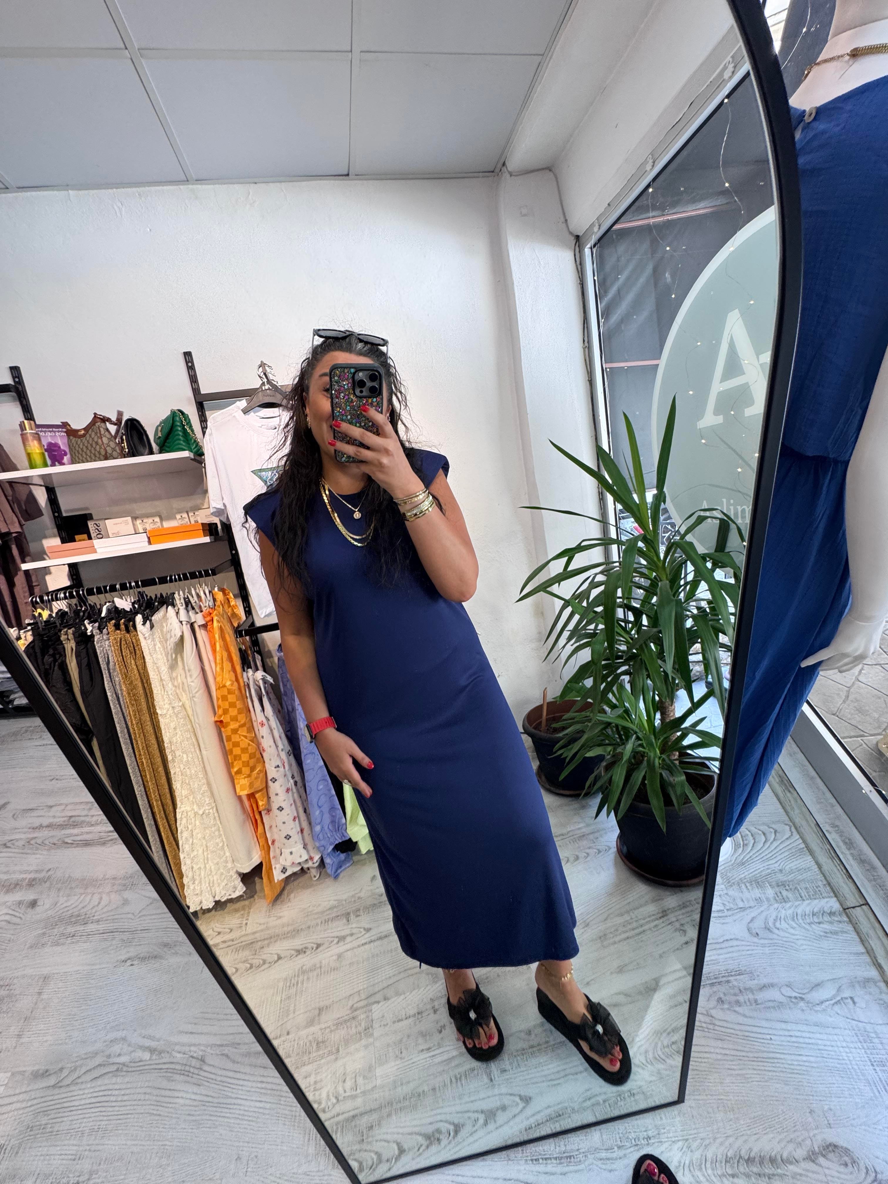 Vatkalı İthal Modal Kumaş Lacivert Elbise