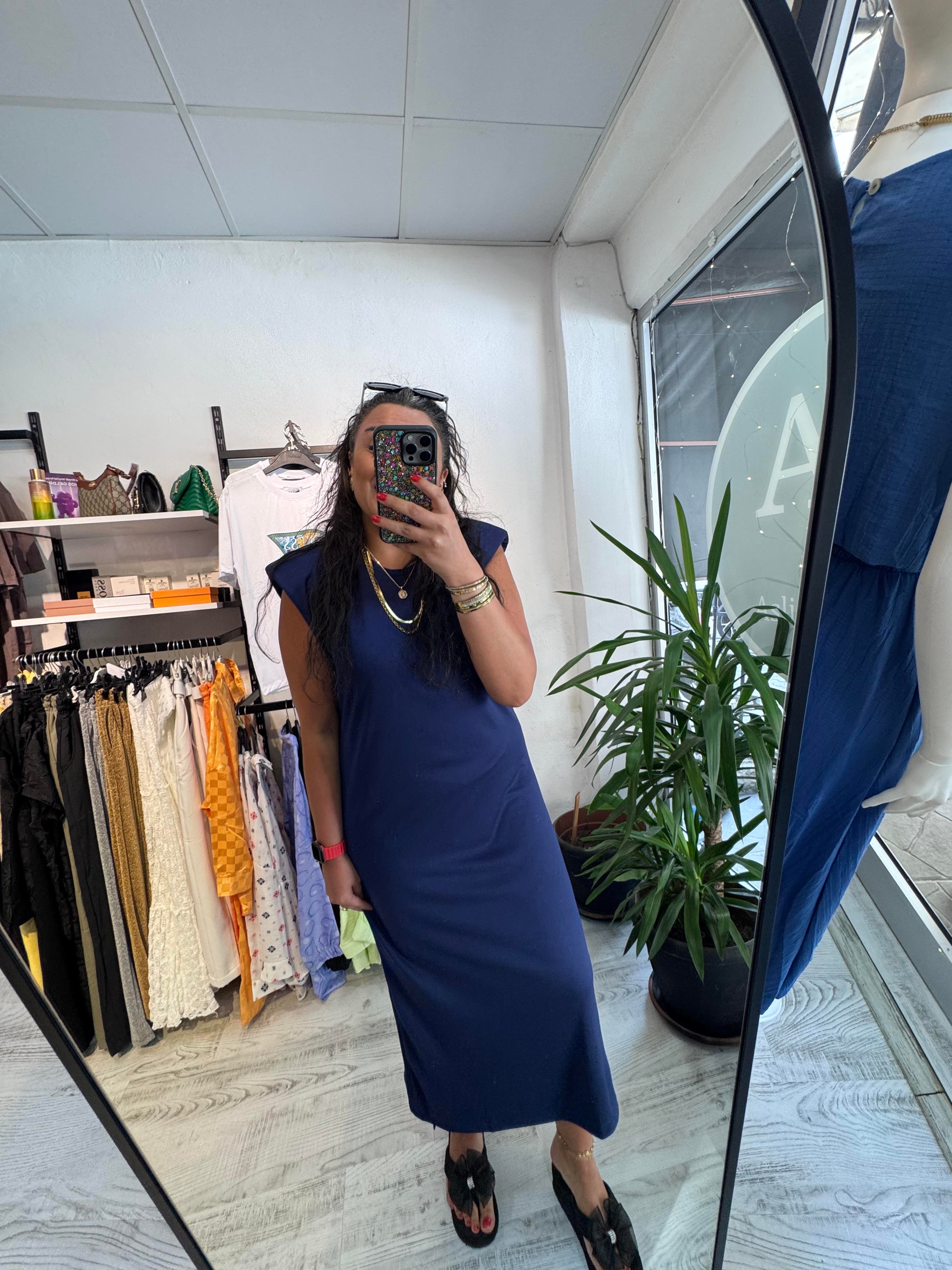 Vatkalı İthal Modal Kumaş Lacivert Elbise