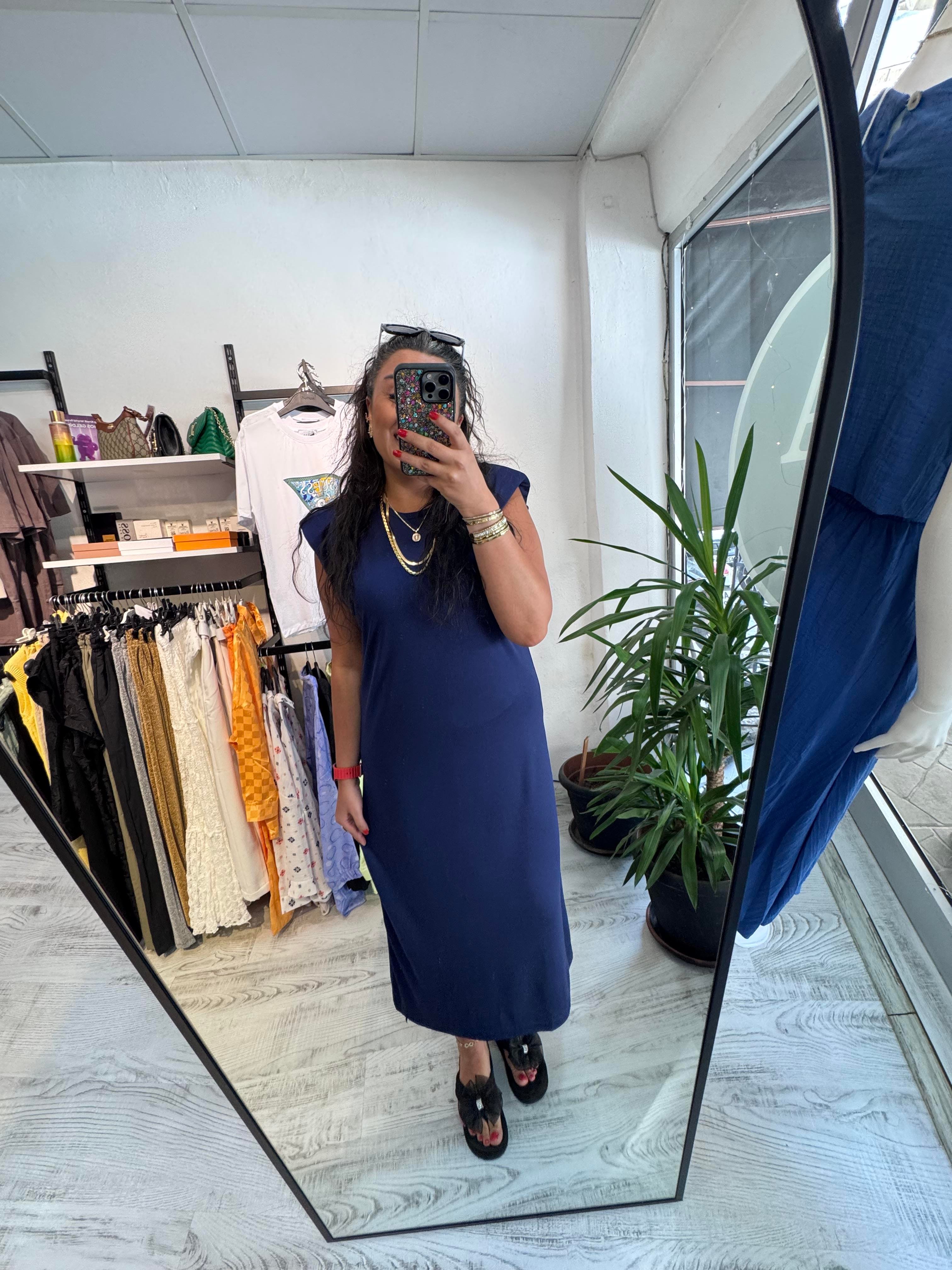 Vatkalı İthal Modal Kumaş Lacivert Elbise