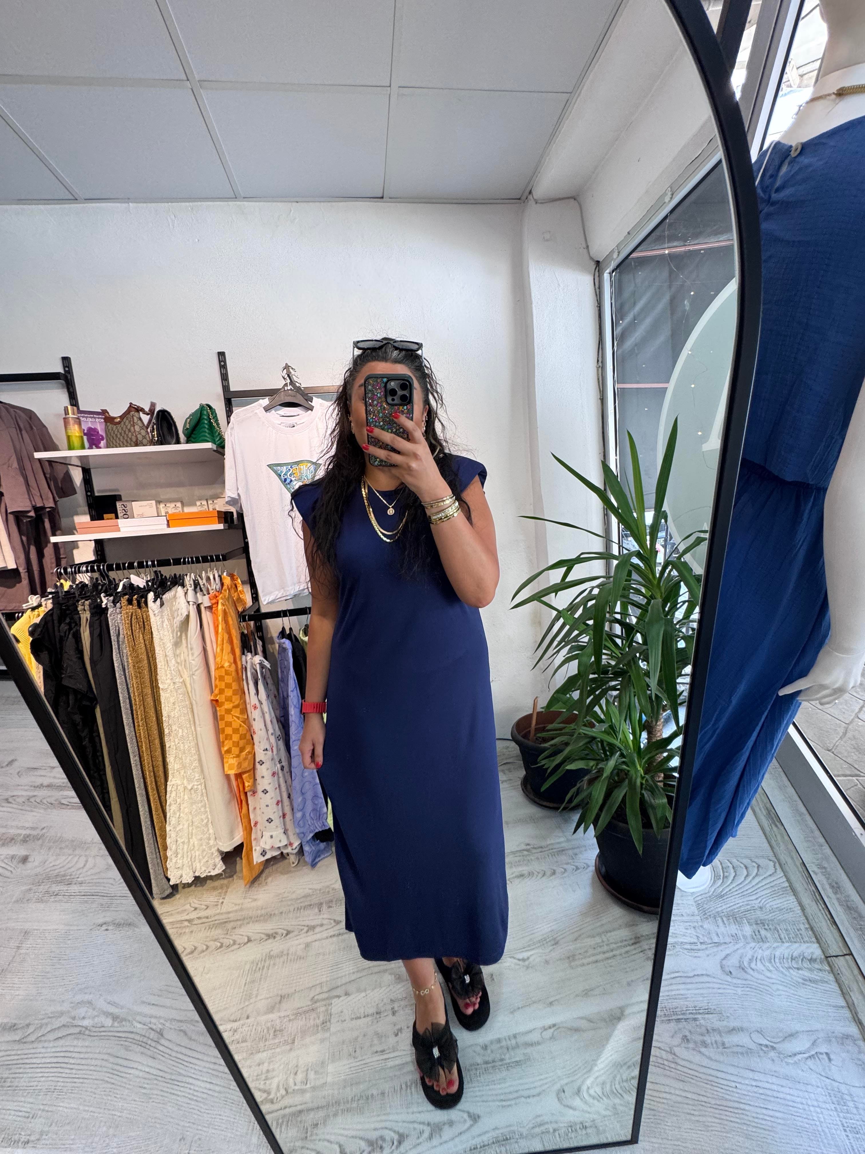 Vatkalı İthal Modal Kumaş Lacivert Elbise