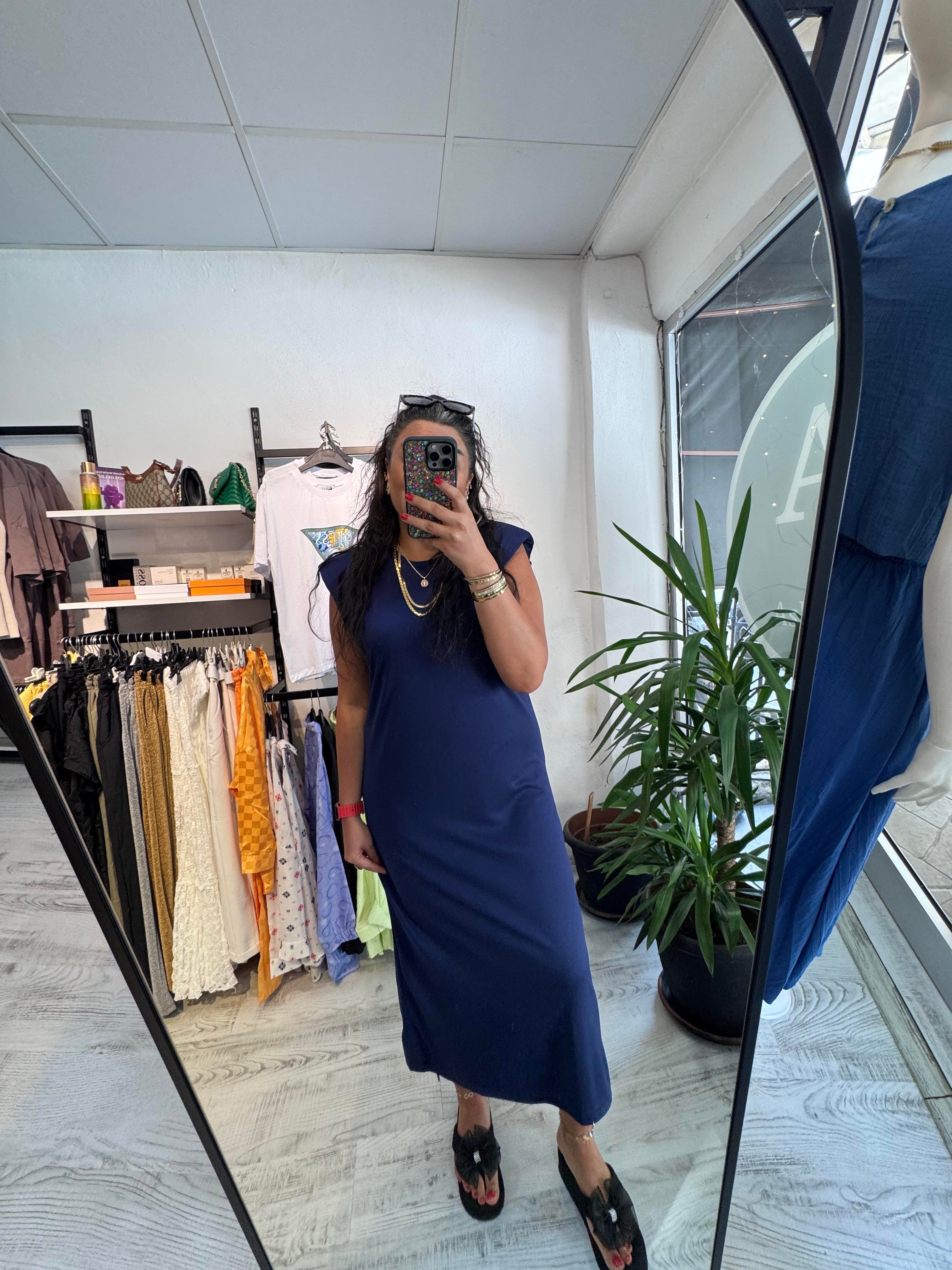 Vatkalı İthal Modal Kumaş Lacivert Elbise