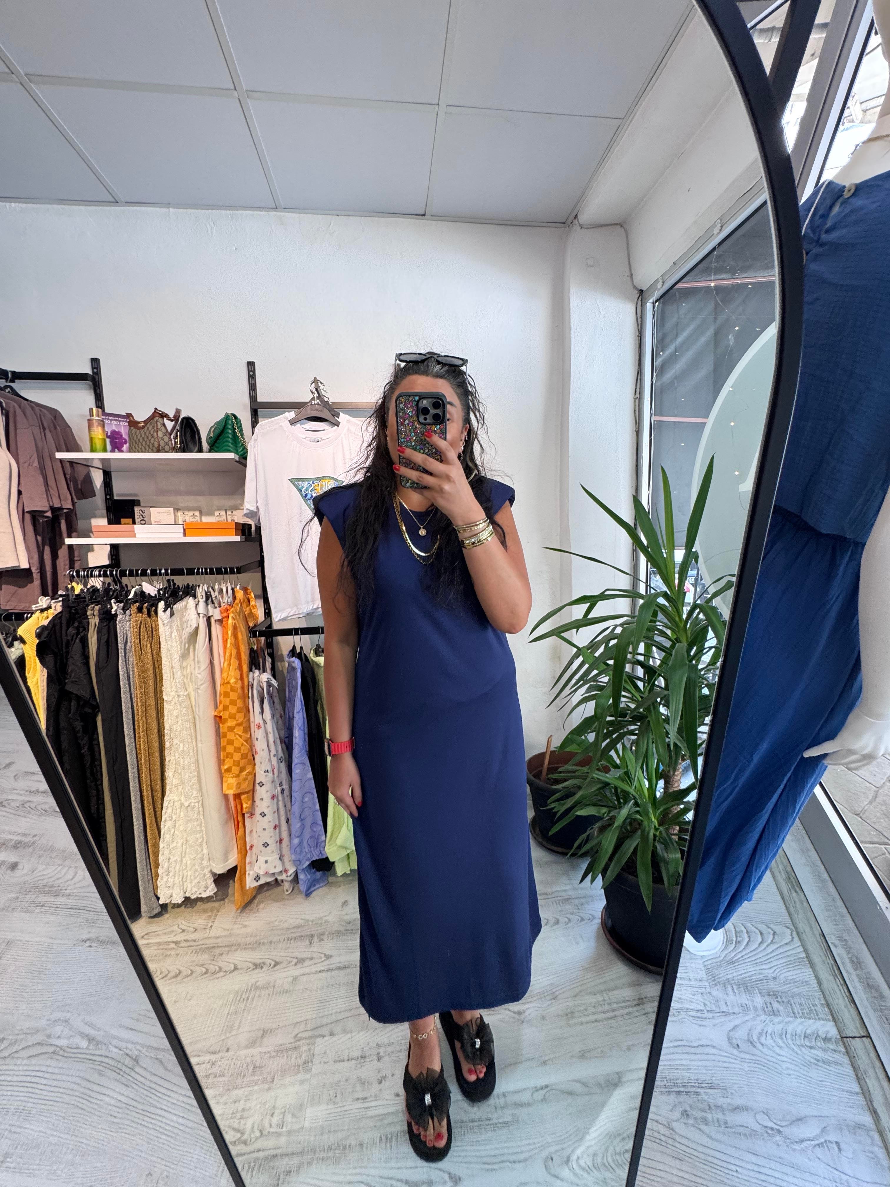 Vatkalı İthal Modal Kumaş Lacivert Elbise