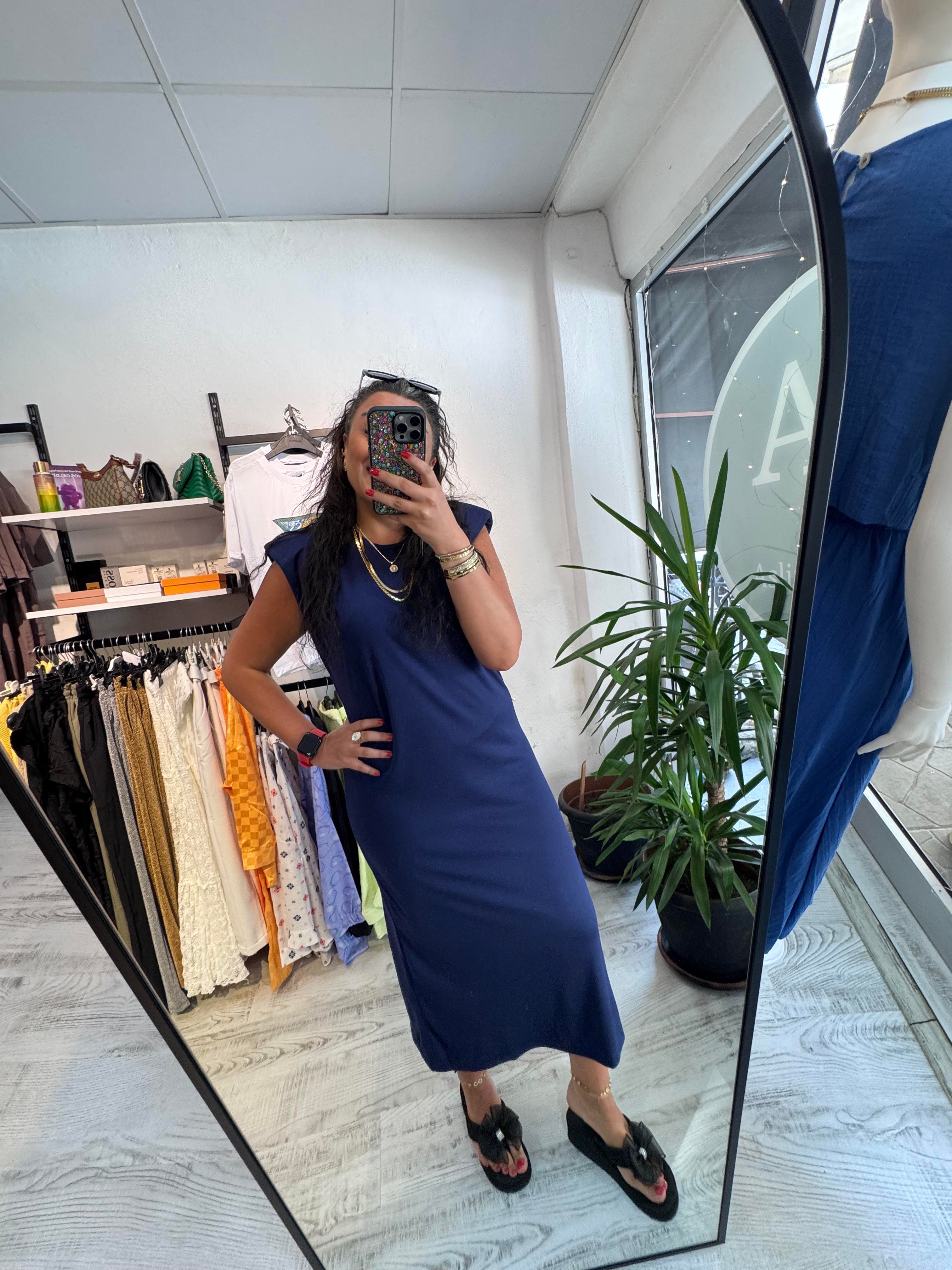 Vatkalı İthal Modal Kumaş Lacivert Elbise