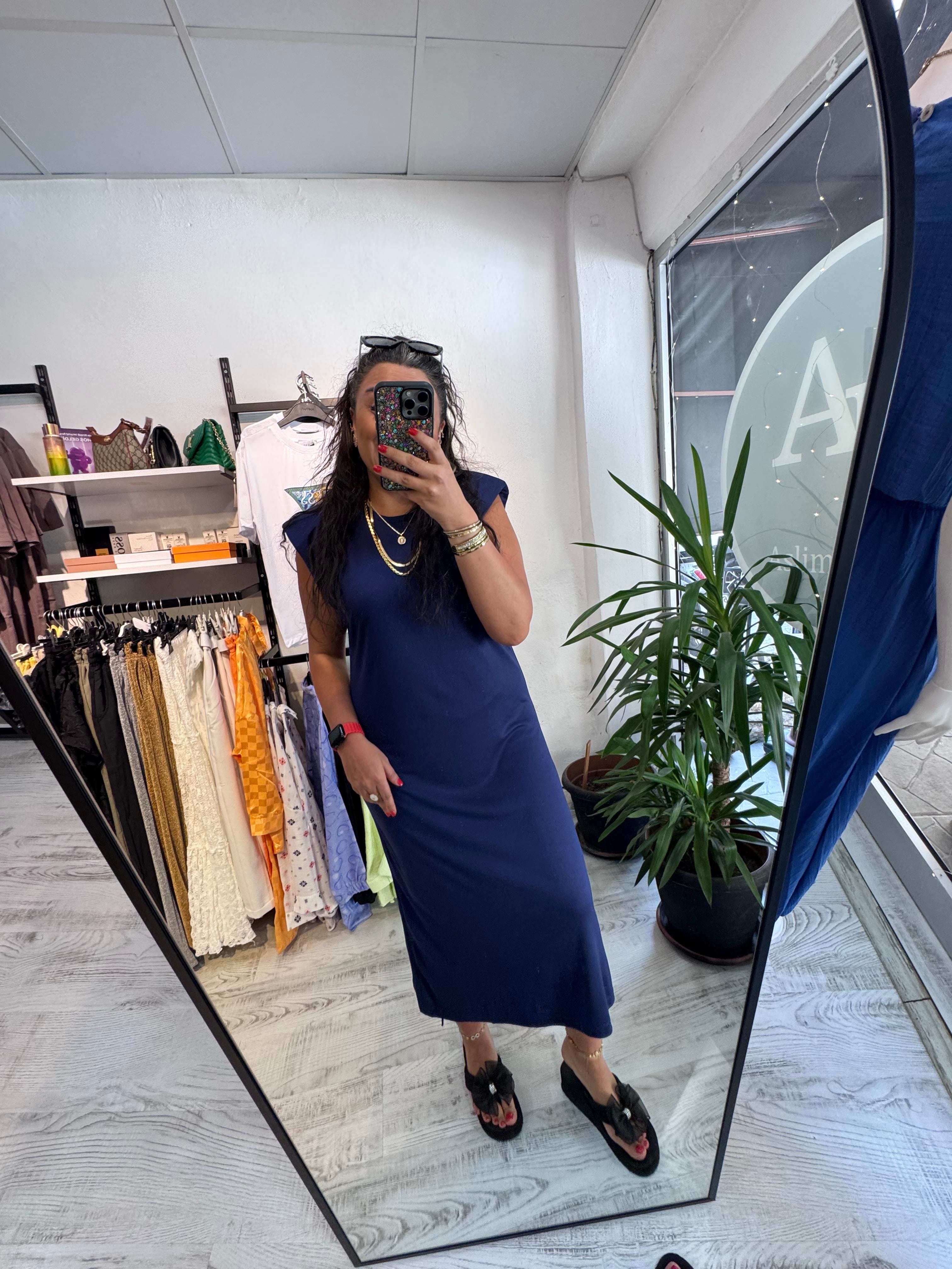 Vatkalı İthal Modal Kumaş Lacivert Elbise