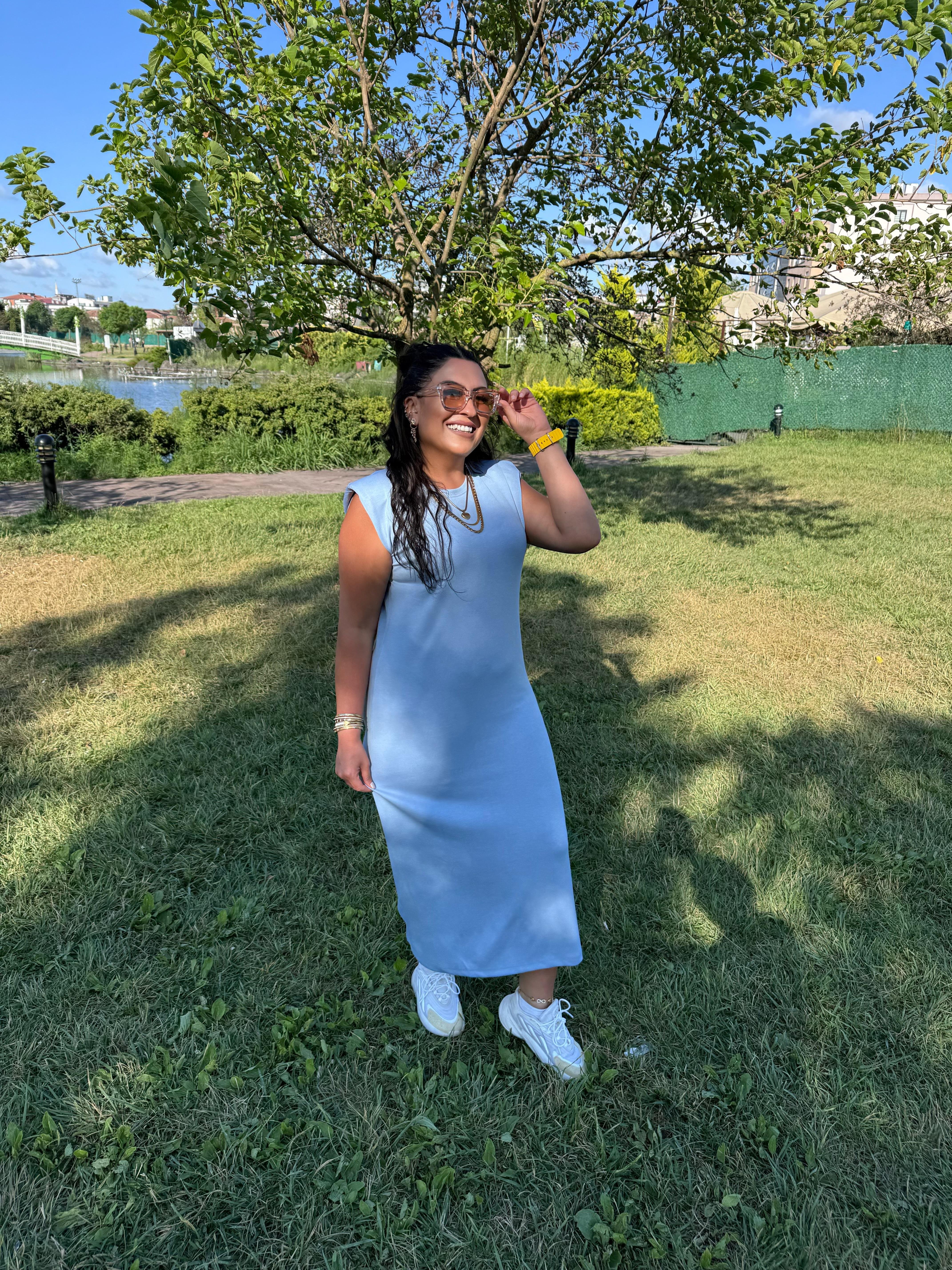 Vatkalı İthal Modal Kumaş Mavi Elbise