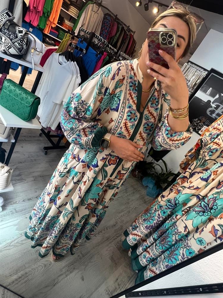 yeşil desenli oversize elbise