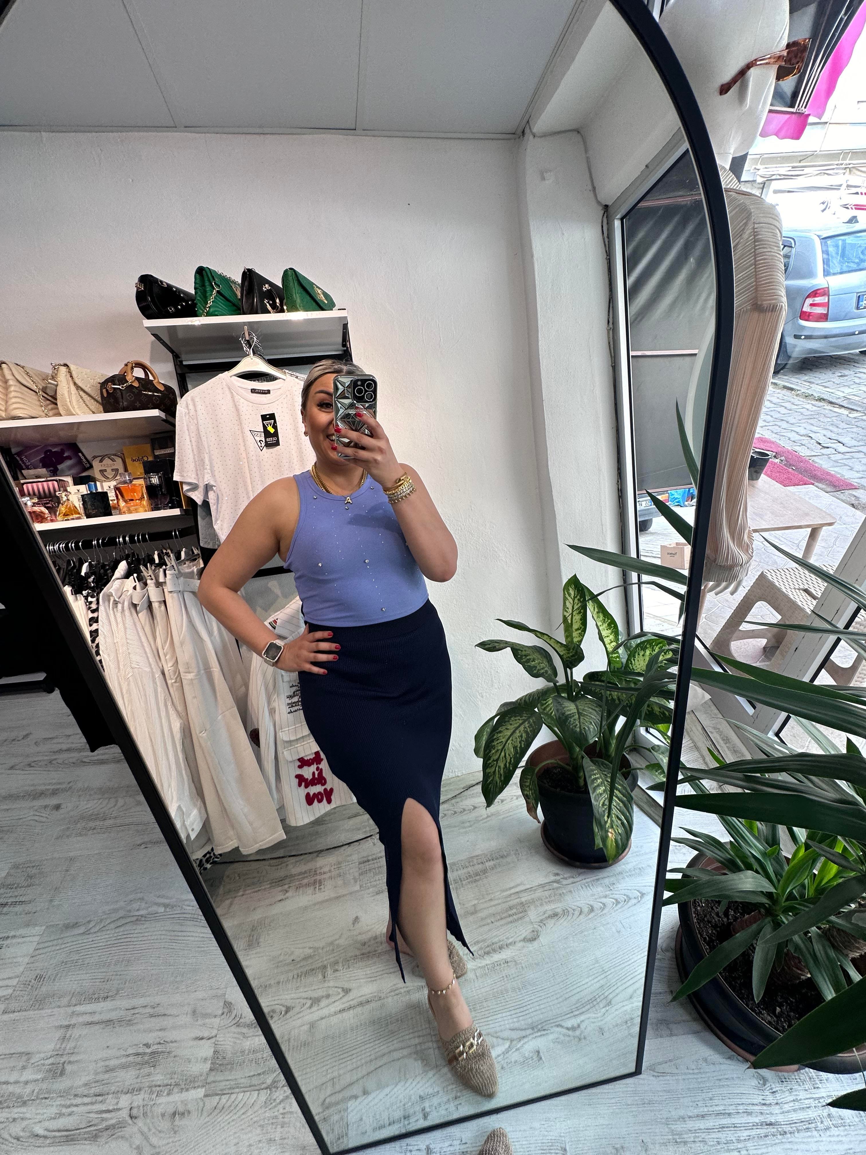 Yırtmaçlı Lacivert Merserize Etek