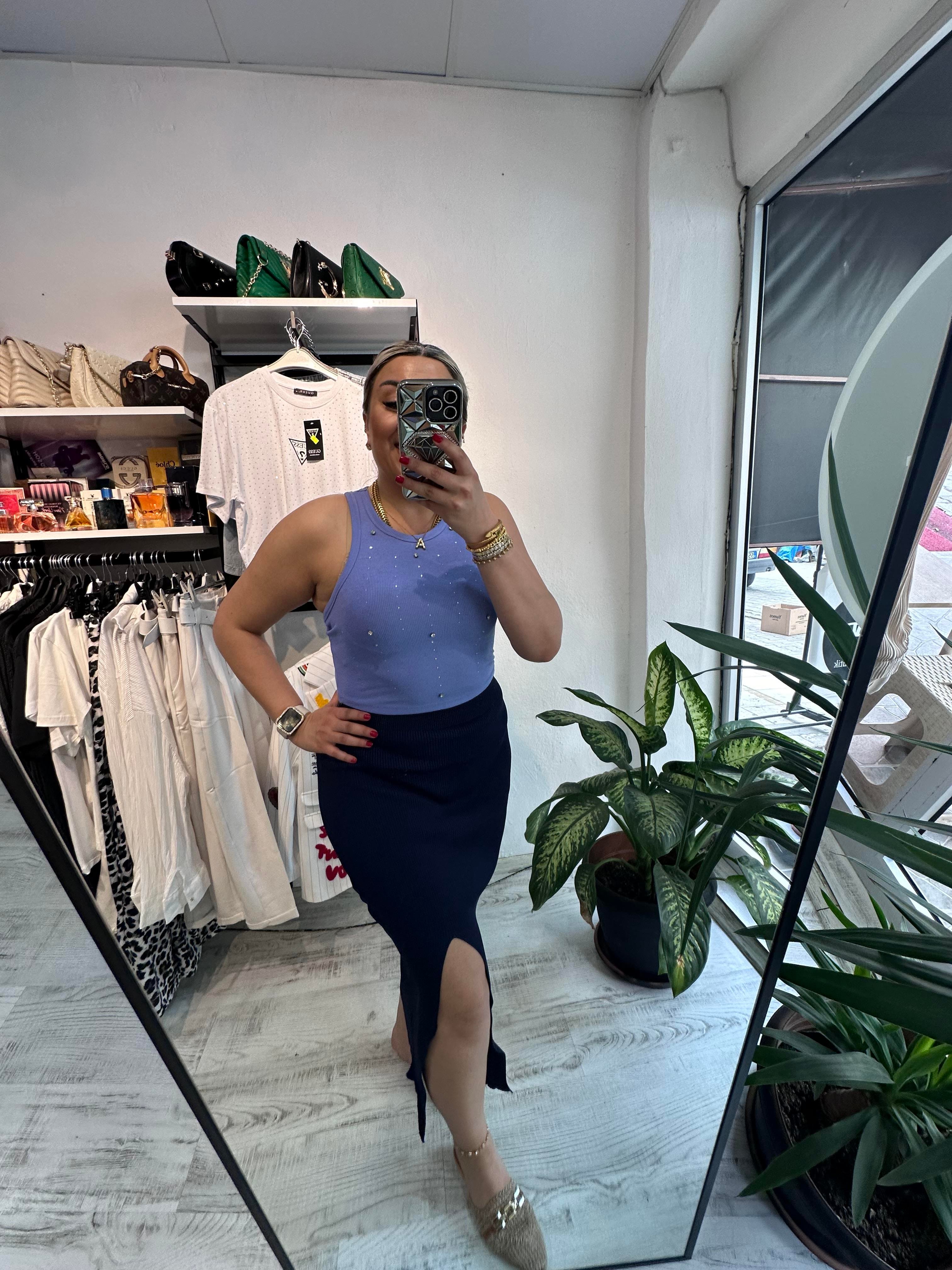 Yırtmaçlı Lacivert Merserize Etek