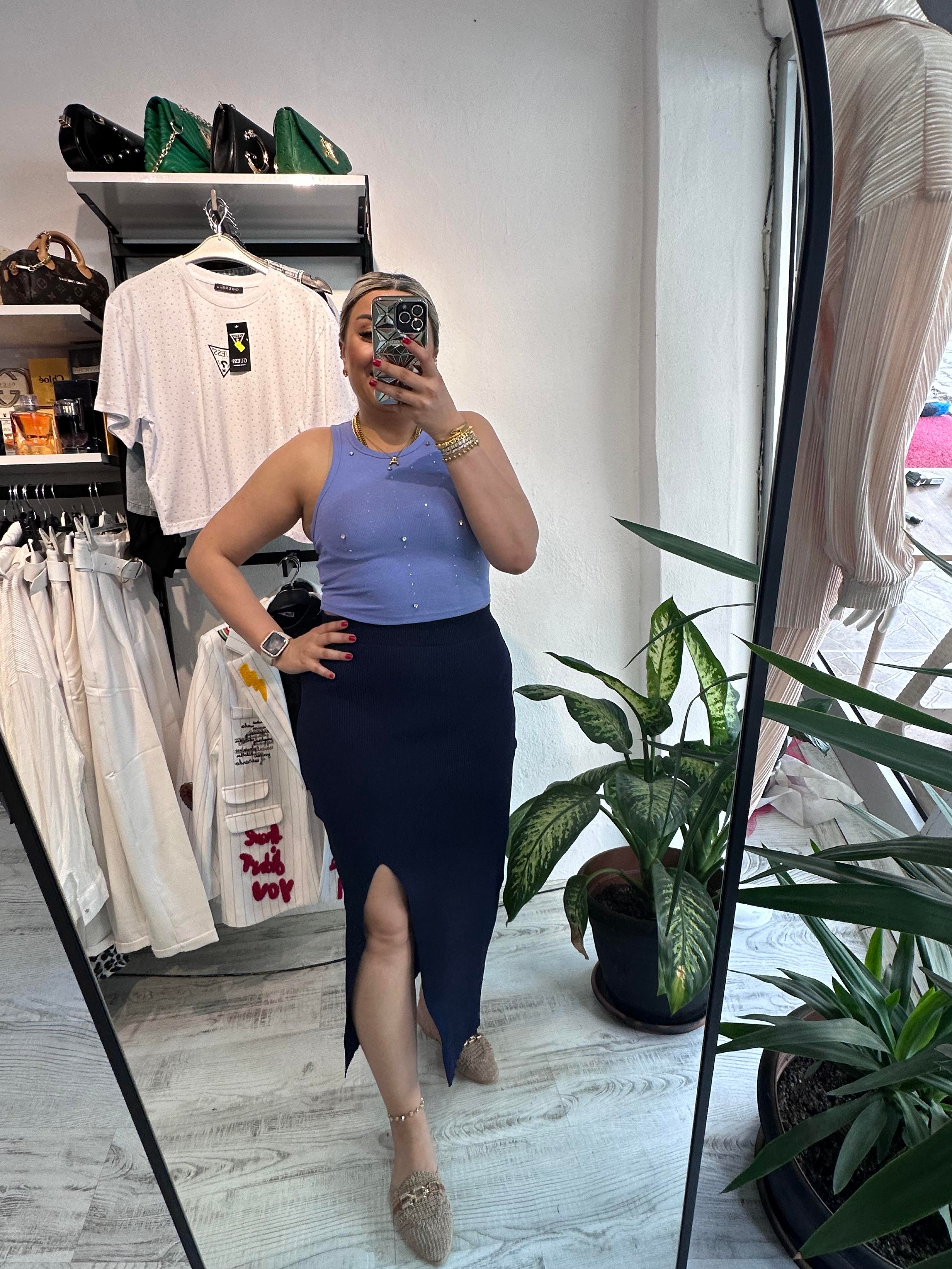 Yırtmaçlı Lacivert Merserize Etek