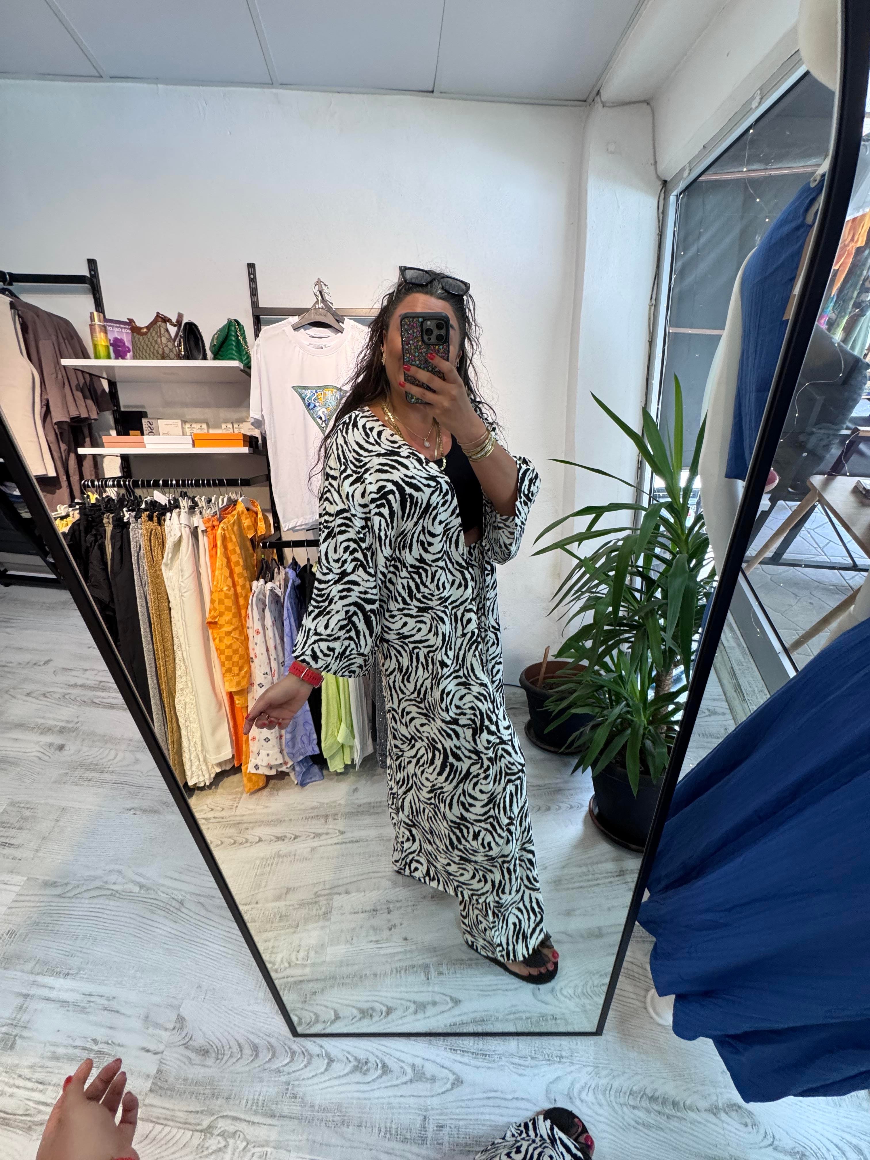 Zebra Desenli Viskon Kumaş Kimono Takım