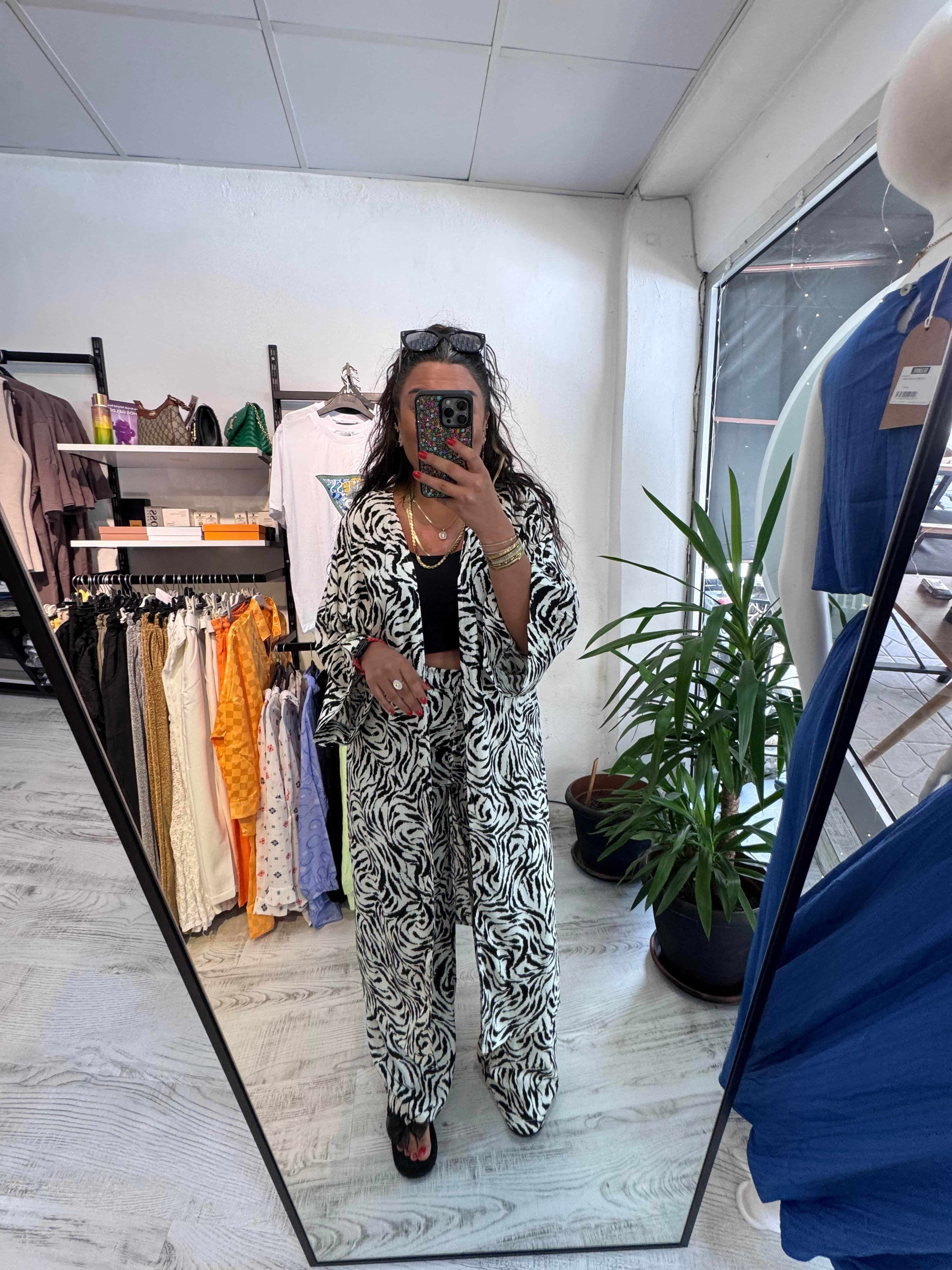 Zebra Desenli Viskon Kumaş Kimono Takım