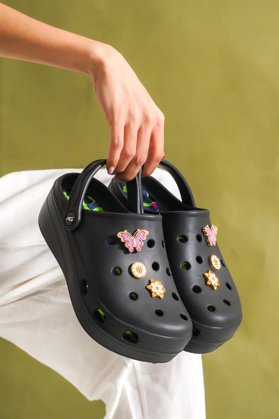 Allis Crocs Siyah Kadın Kalın Tabanlı Terlik