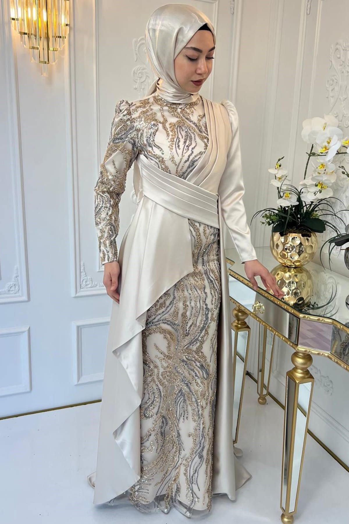 Aybüke Tesettür Abiye Ekru