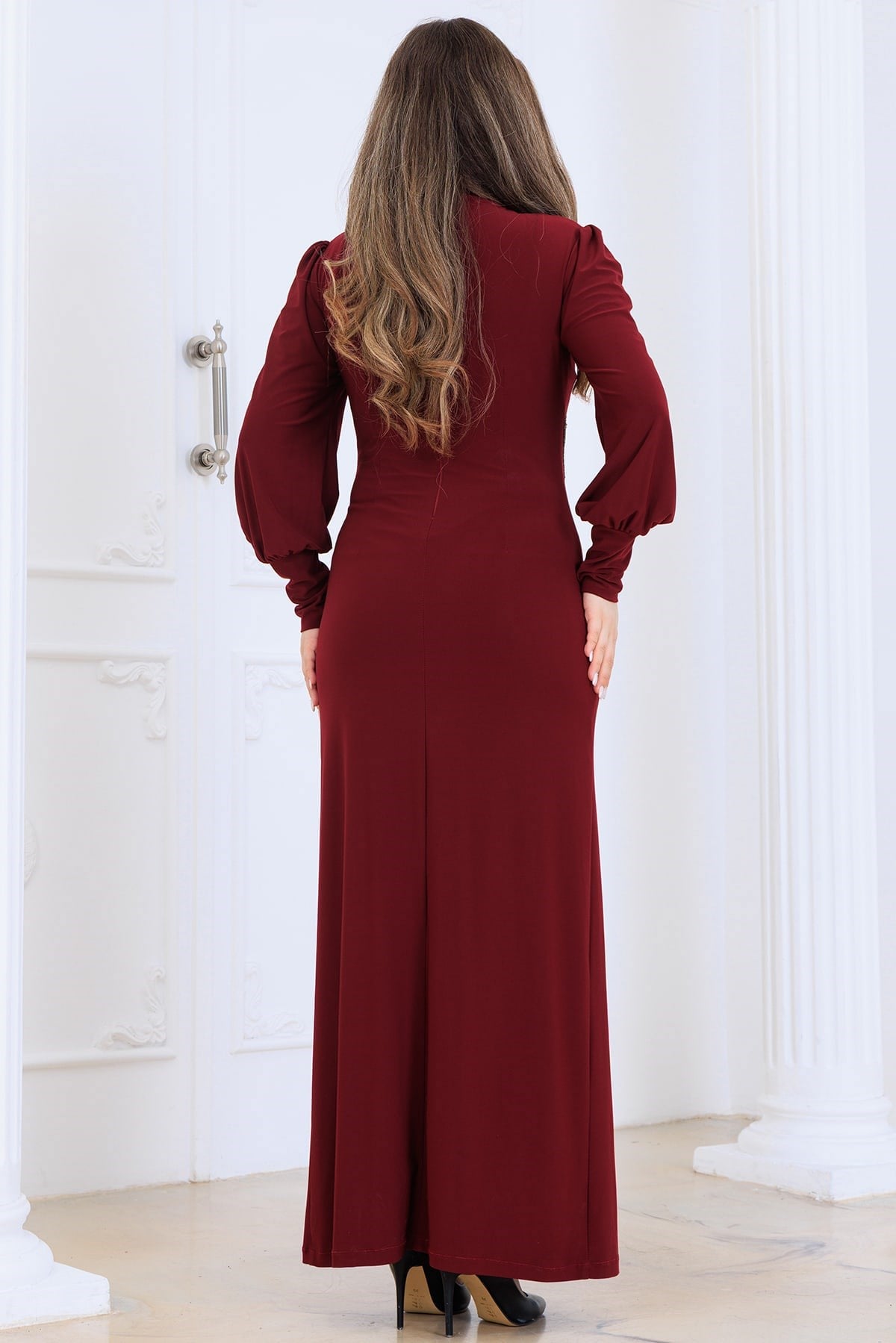 Eleni Tesettür Abiye Elbise Bordo