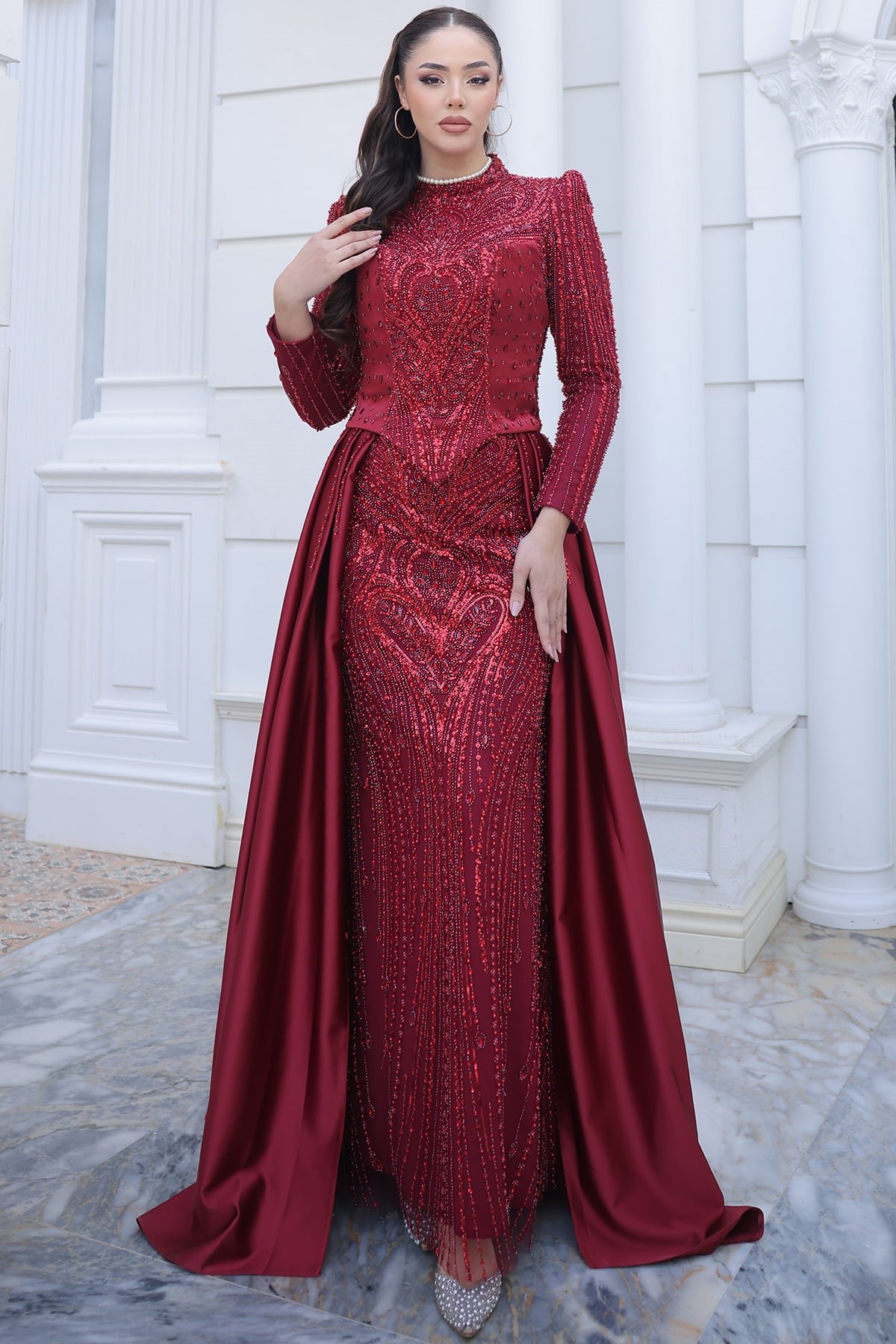 Mila Tesettür Abiye Bordo