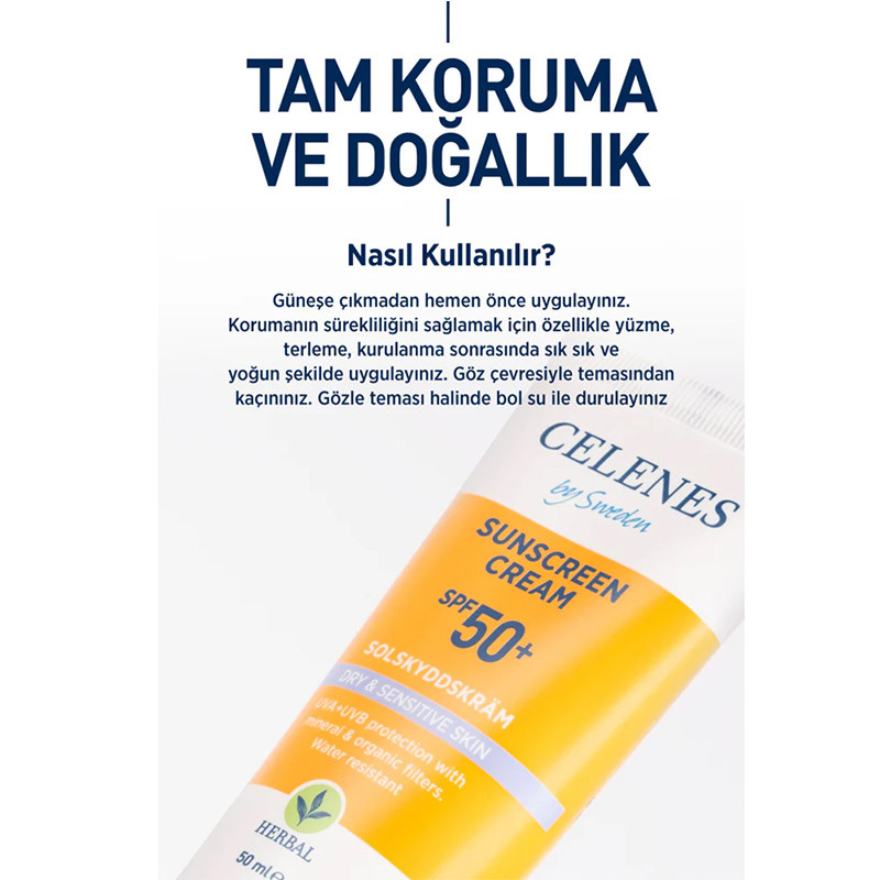 Celenes By Sweden Herbal Kuru ve Hassas Ciltler İçin Güneş Kremi SPF50+ 50 ml