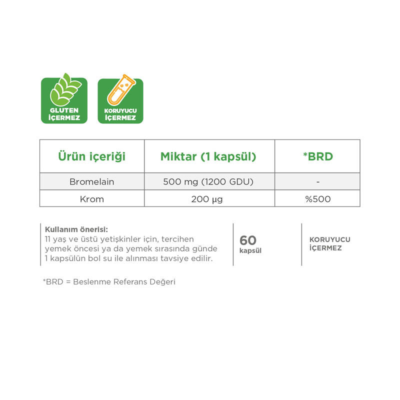 Dynavit Bromelain ve Krom Pikolinat İçeren Takviye Edici Gıda 60 Kapsül