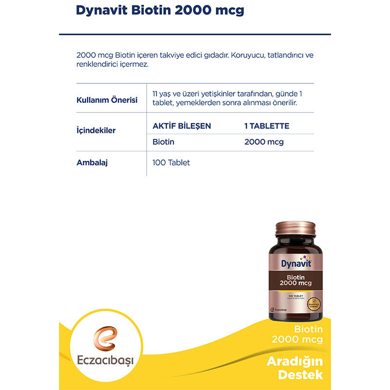 Eczacıbaşı Dynavit Biotin 2000 mcg Takviye Edici Gıda 100 Tablet