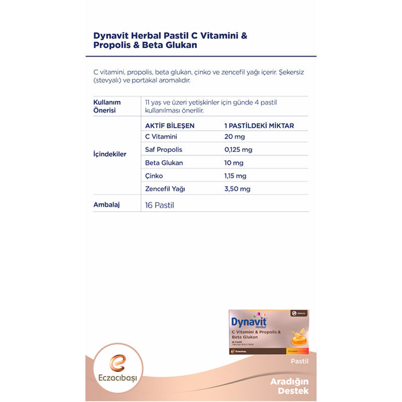 Eczacıbaşı Dynavit Herbal C Vitamini - Propolis ve Beta Glukan İçerikli Pastil 16 Adet