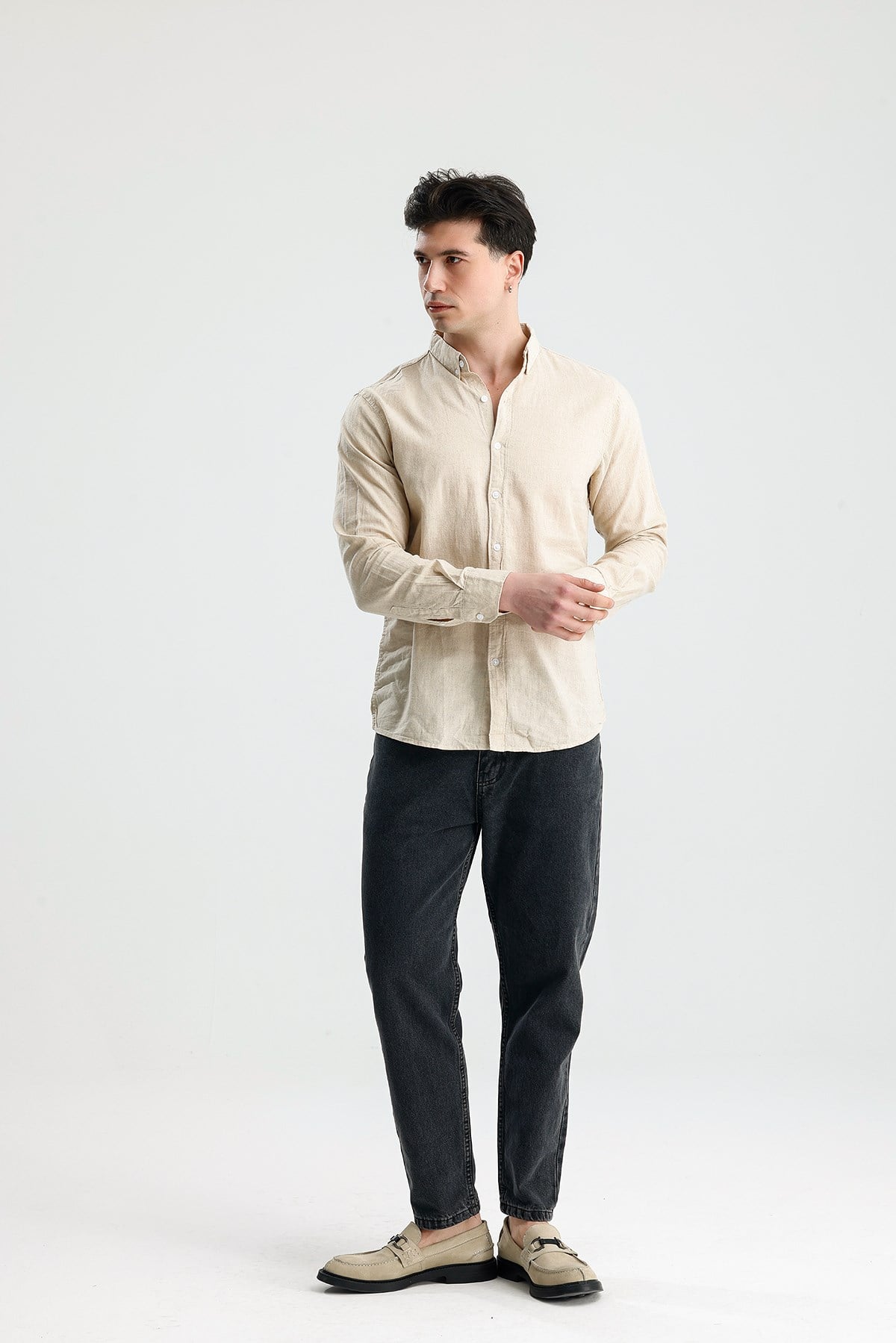 FİGO Erkek Bej Button-Down Yaka Keten Görünümlü Uzun Kollu Gömlek