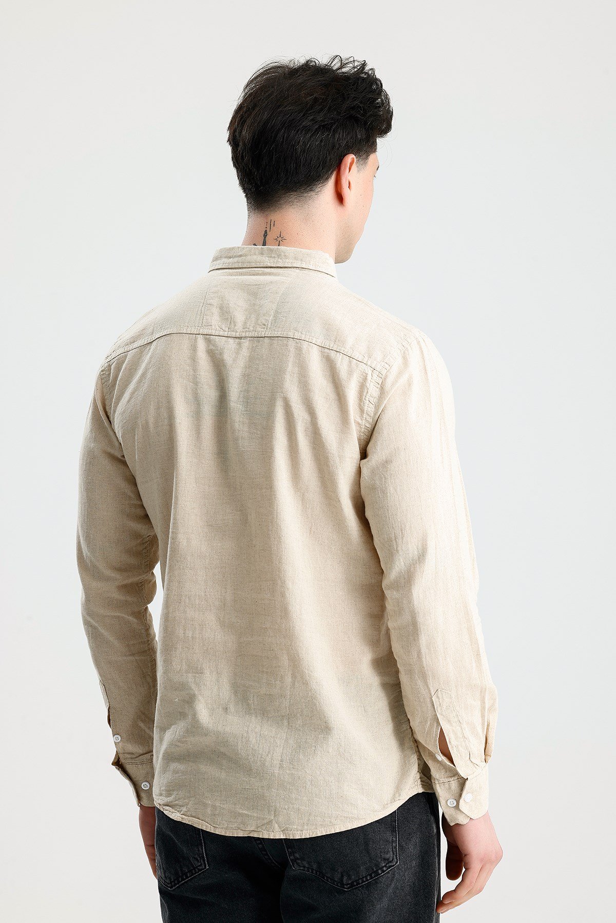 FİGO Erkek Bej Button-Down Yaka Keten Görünümlü Uzun Kollu Gömlek