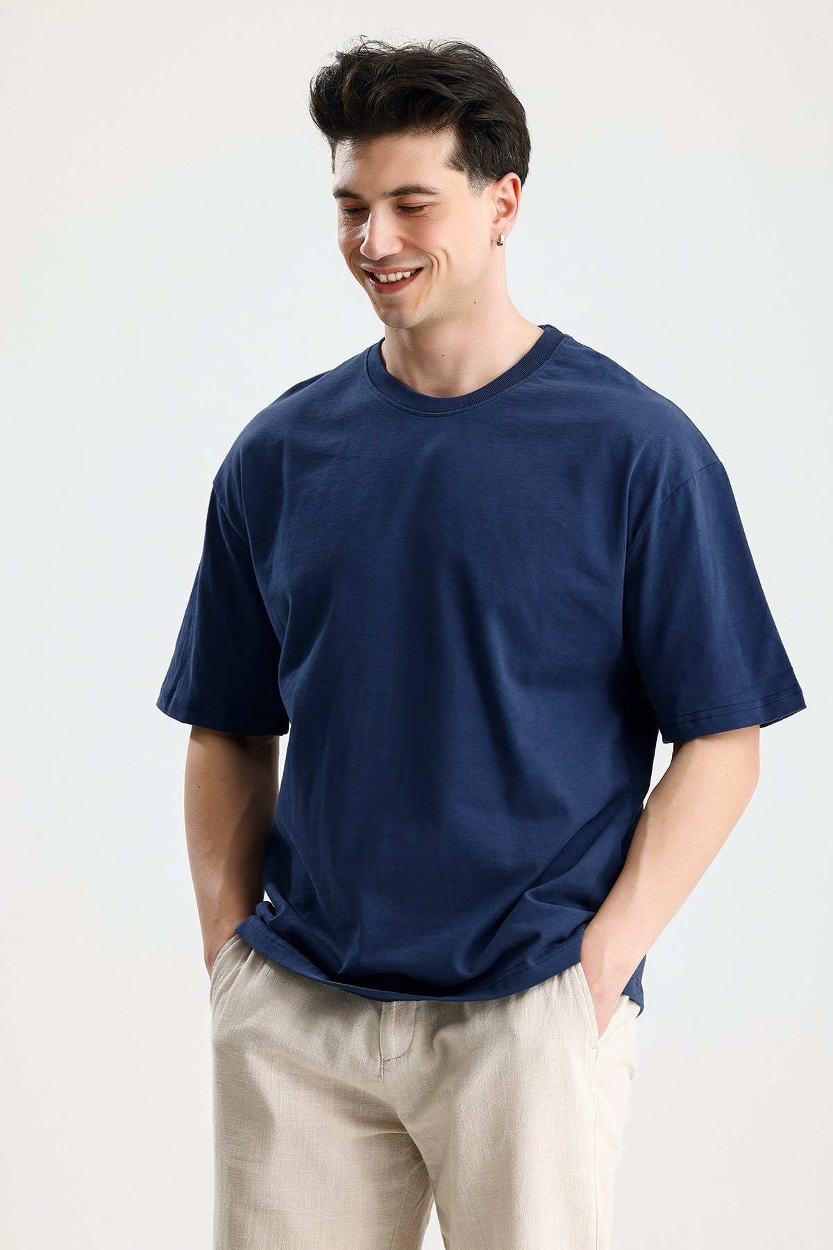 FİGO Erkek Oversize Bisiklet Yaka Basic Tişört