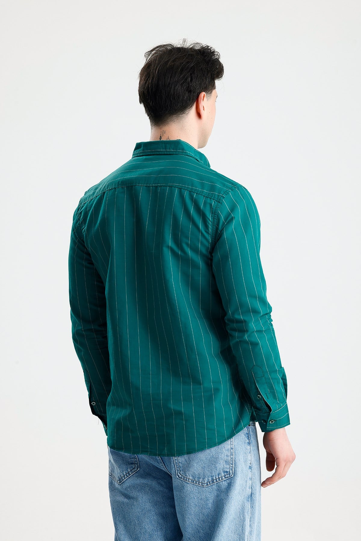 FİGO Erkek Petrol Yeşili Button-Down Yaka İnce Çizgili Uzun Kollu Gömlek