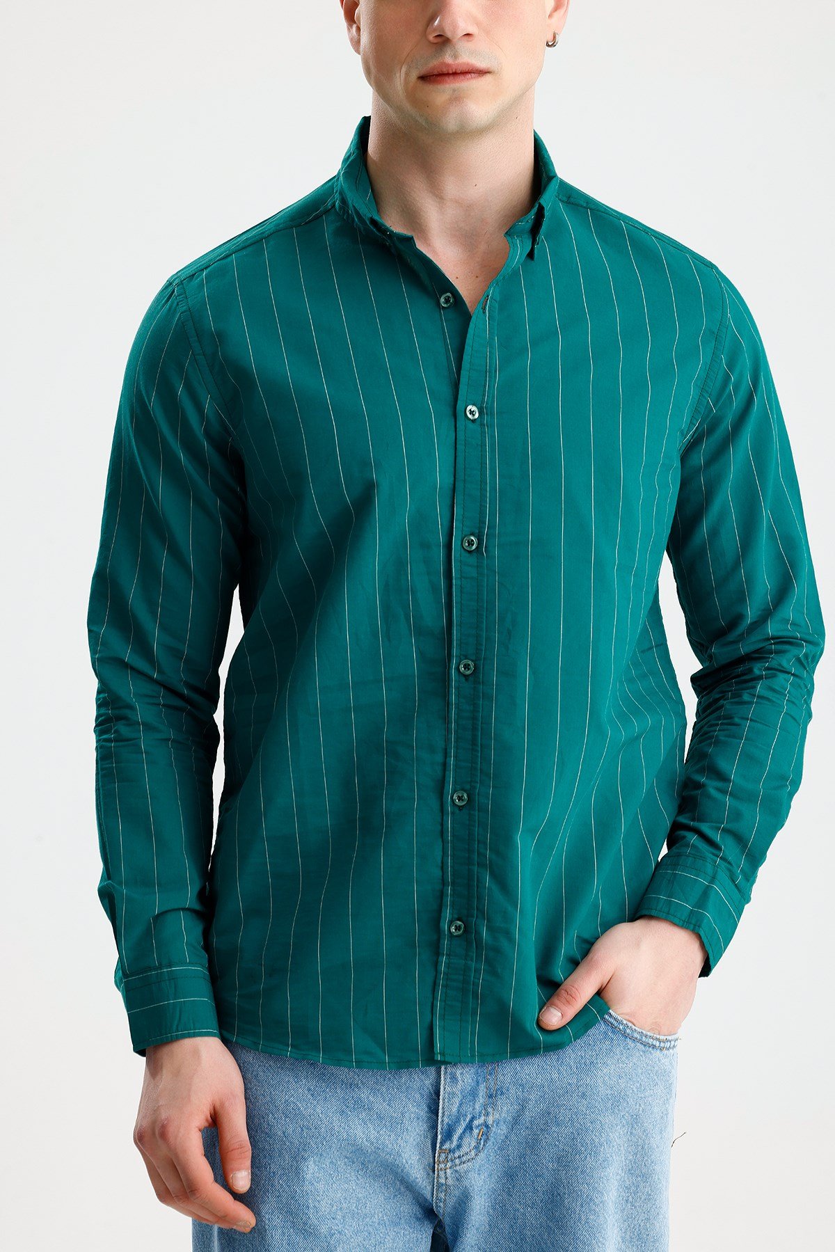 FİGO Erkek Petrol Yeşili Button-Down Yaka İnce Çizgili Uzun Kollu Gömlek