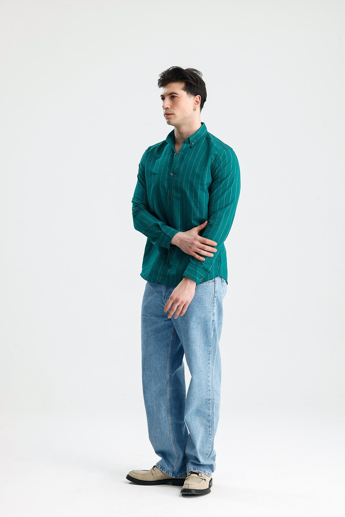 FİGO Erkek Petrol Yeşili Button-Down Yaka İnce Çizgili Uzun Kollu Gömlek